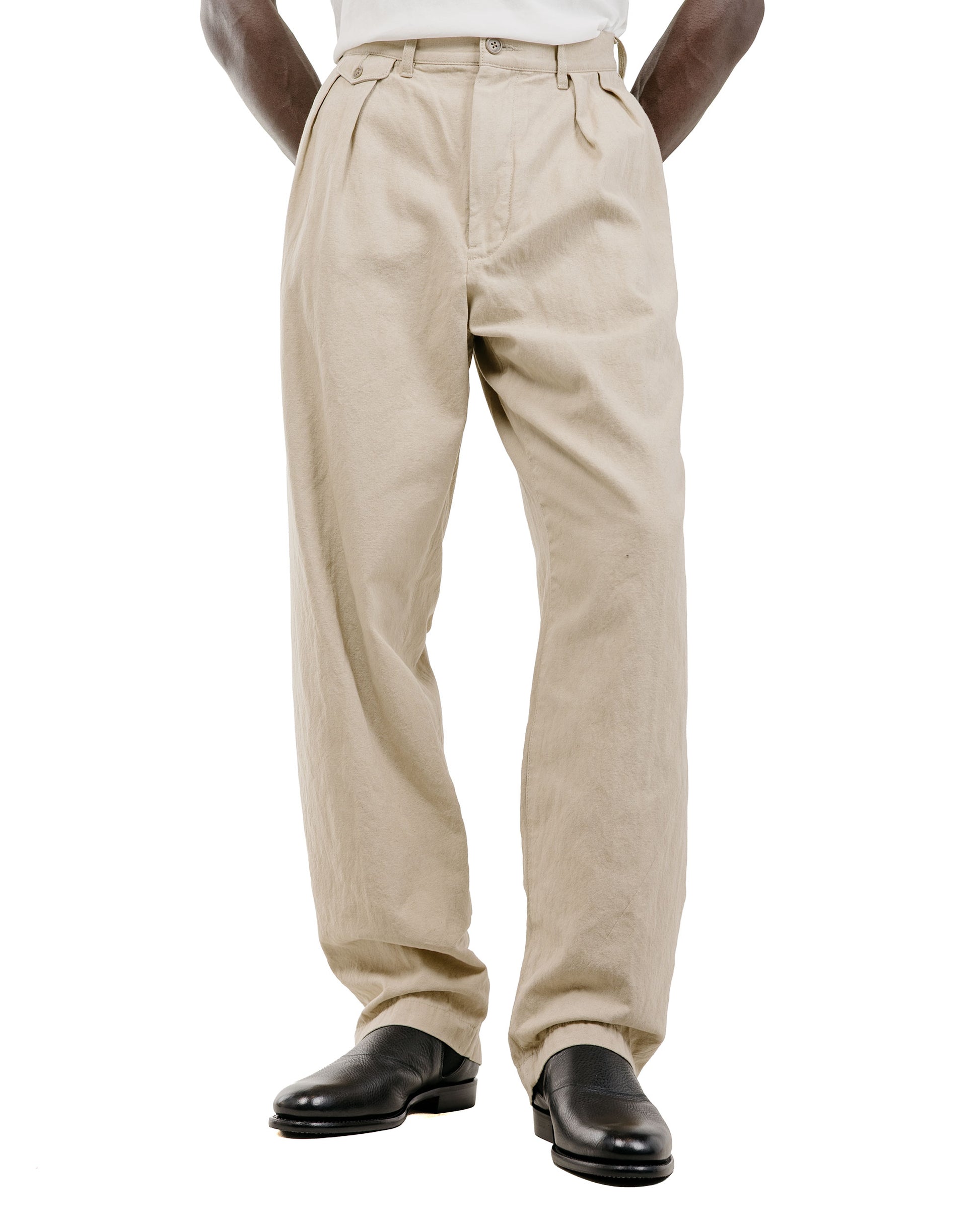 Beams Plus Lost & Found 2Pleats Trousers Cotton Linen Khaki