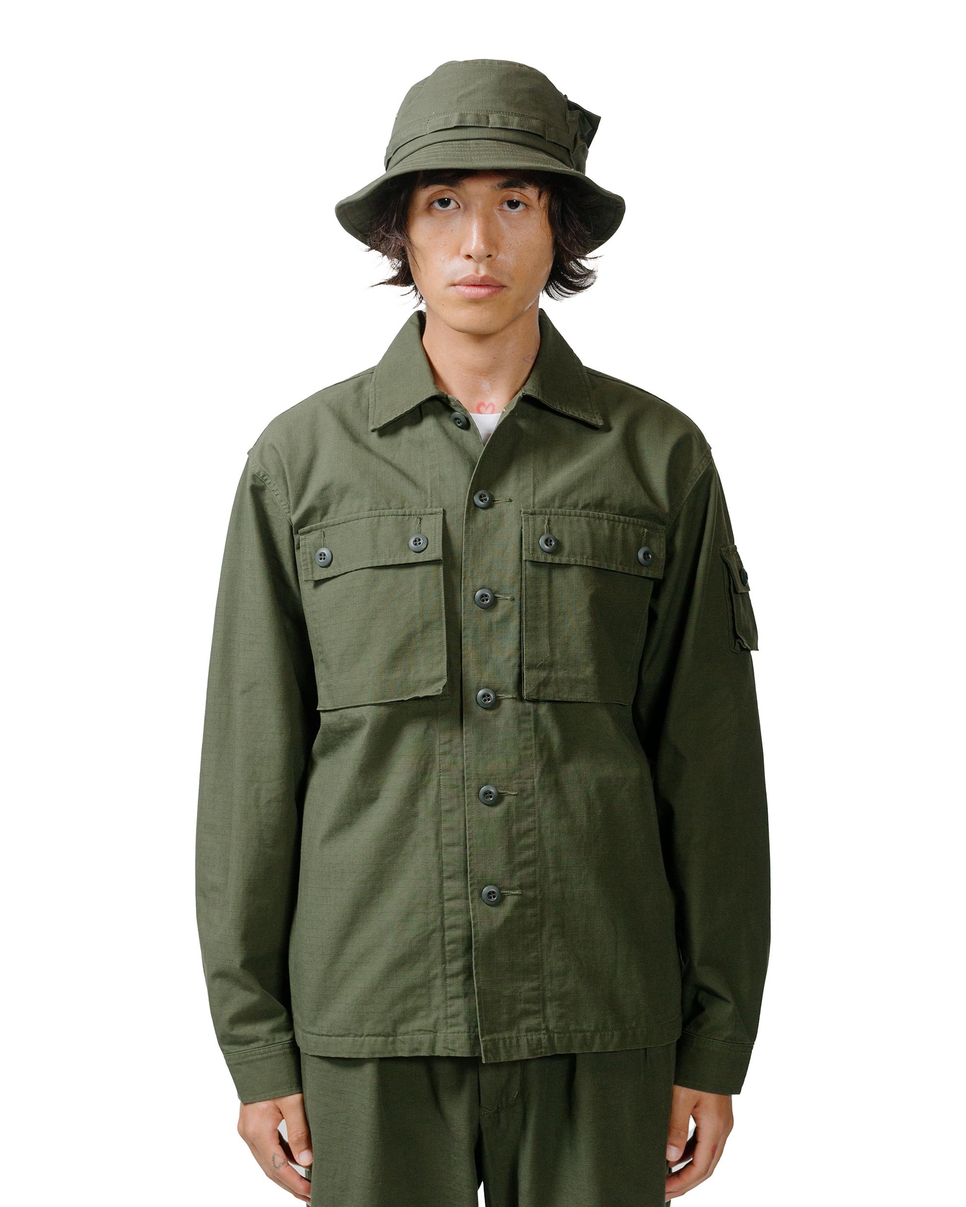 Beams Plus Lost & Found MIL SHT-JAC Cotton Ripstop Olive model front