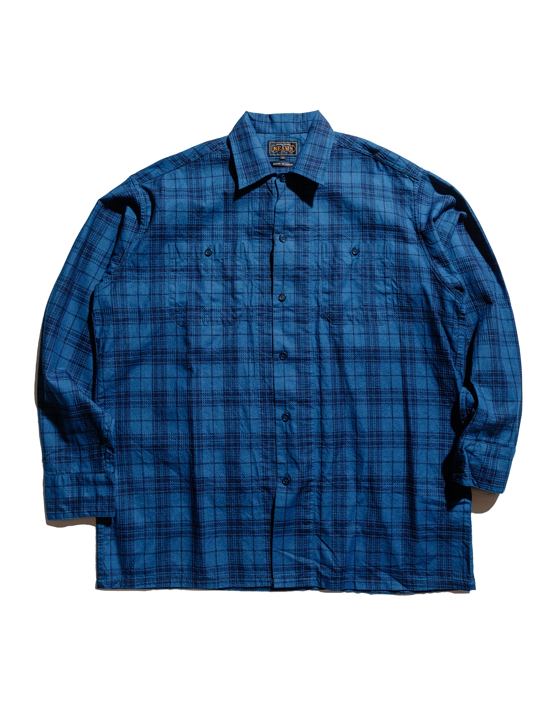 Beams Plus MIL Open Collar Indigo Dobby Plaid Wide Plaid