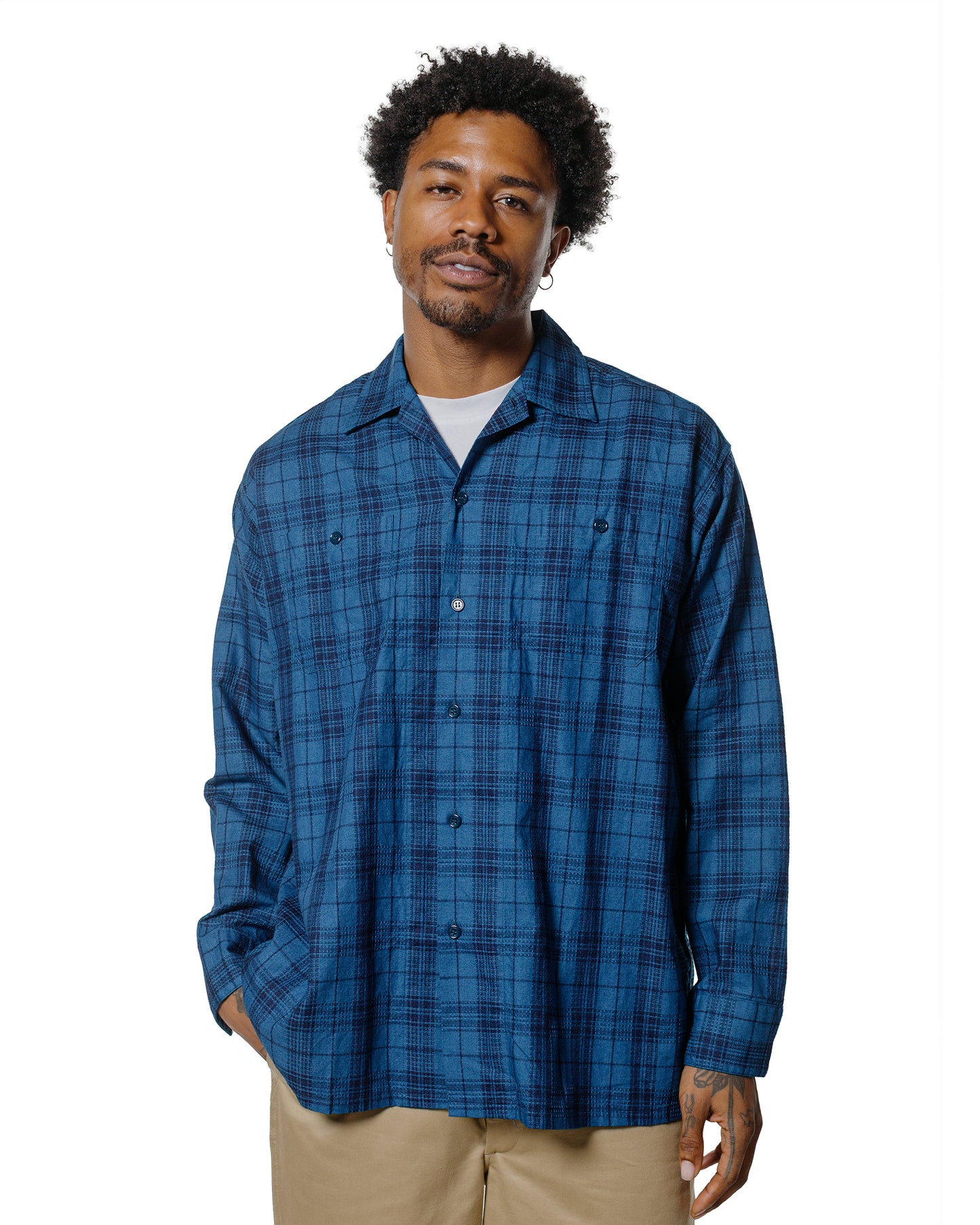 Beams Plus MIL Open Collar Indigo Dobby Plaid Wide Plaid