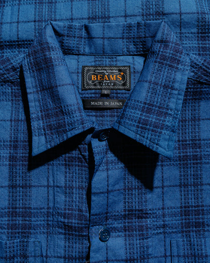 Beams Plus MIL Open Collar Indigo Dobby Plaid Wide Plaid