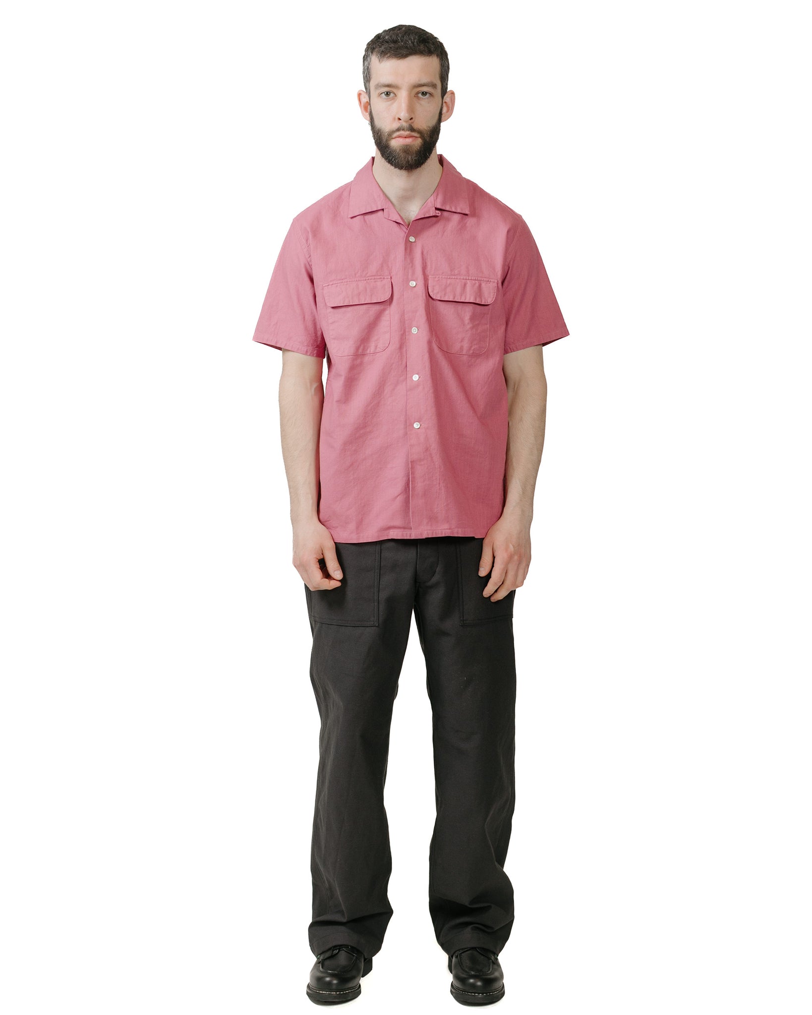 Beams Plus Open Collar Cotton Linen Panama Garment Dye Dusty Pink model full