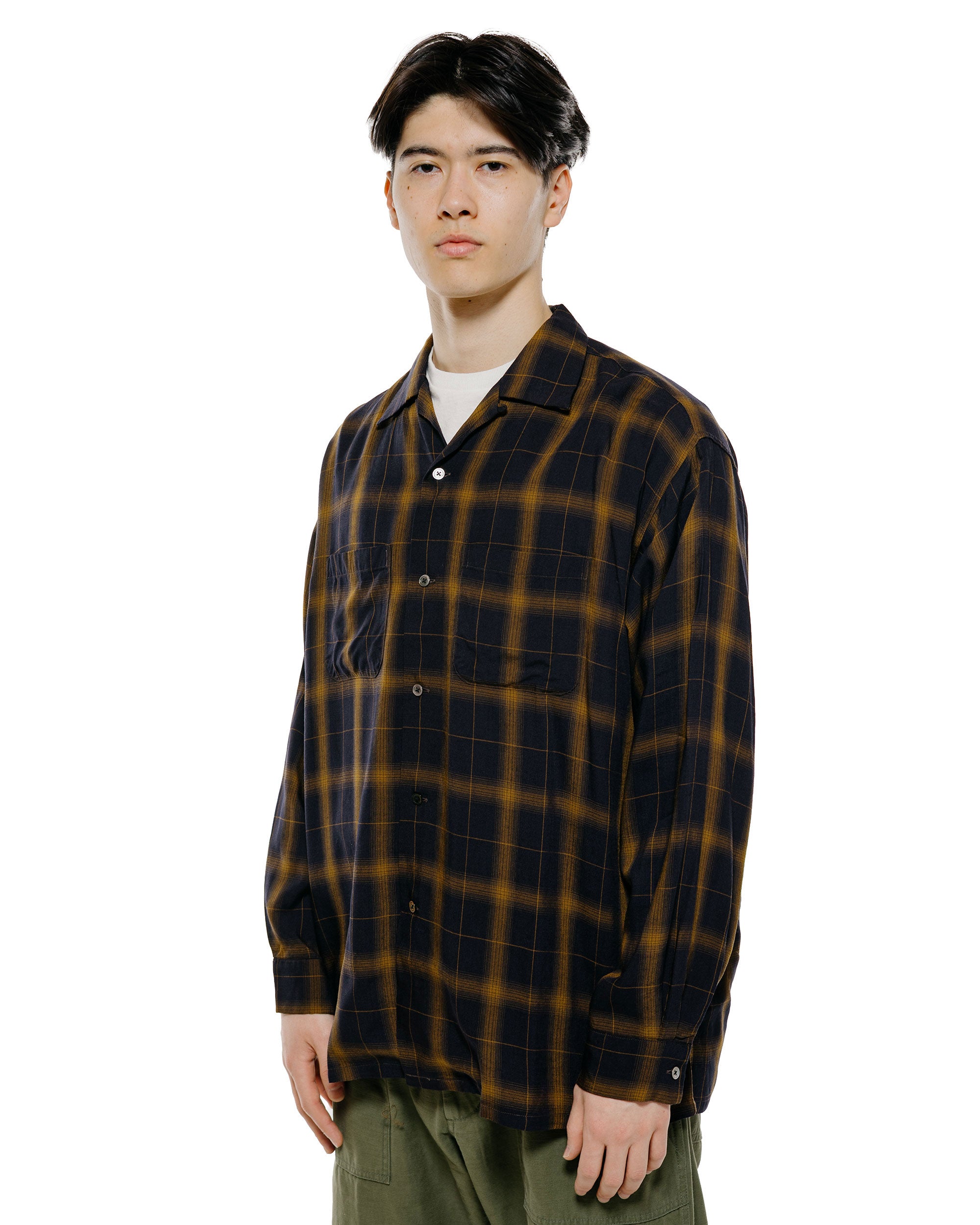 Beams Plus Open Collar Ombre Plaid Black Mustard Ombre