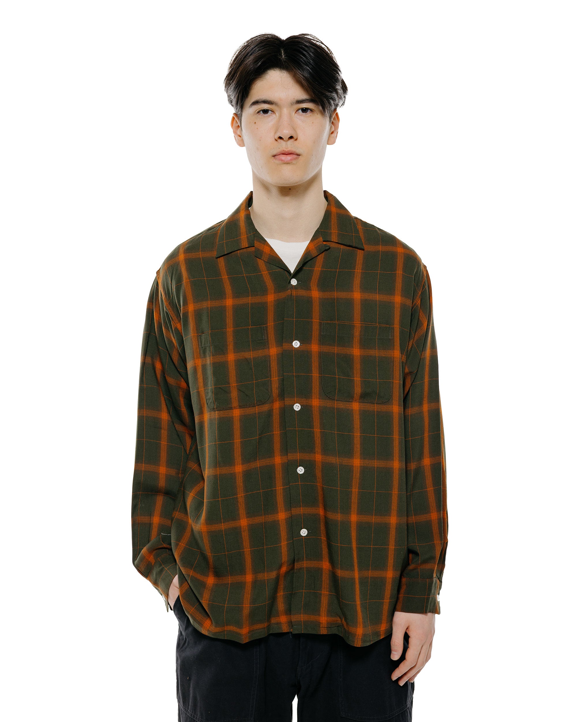 Beams Plus Open Collar Ombre Plaid Green Mustard Ombre