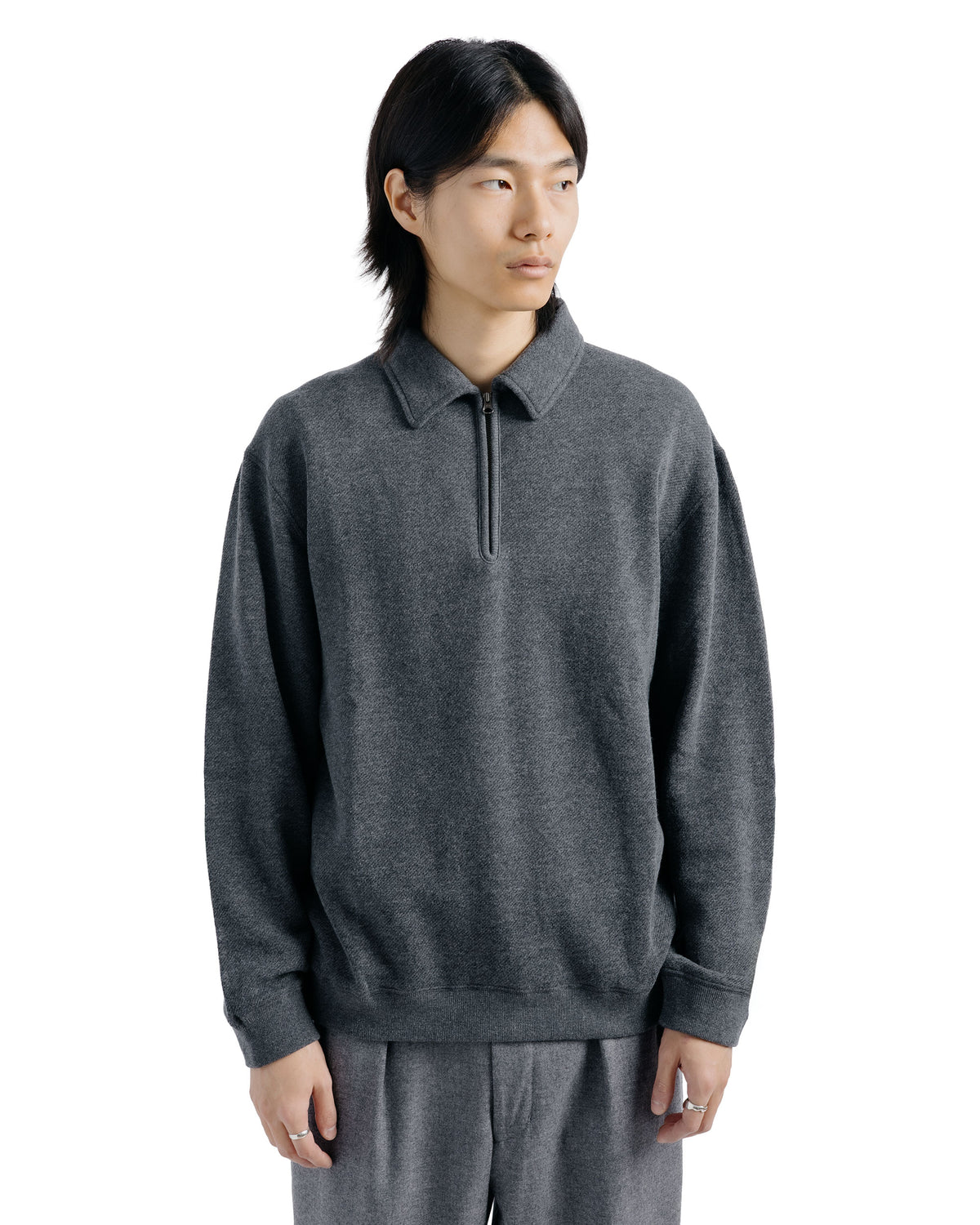 Beams Plus Sweat Half Zip Wool Cotton Charcoal