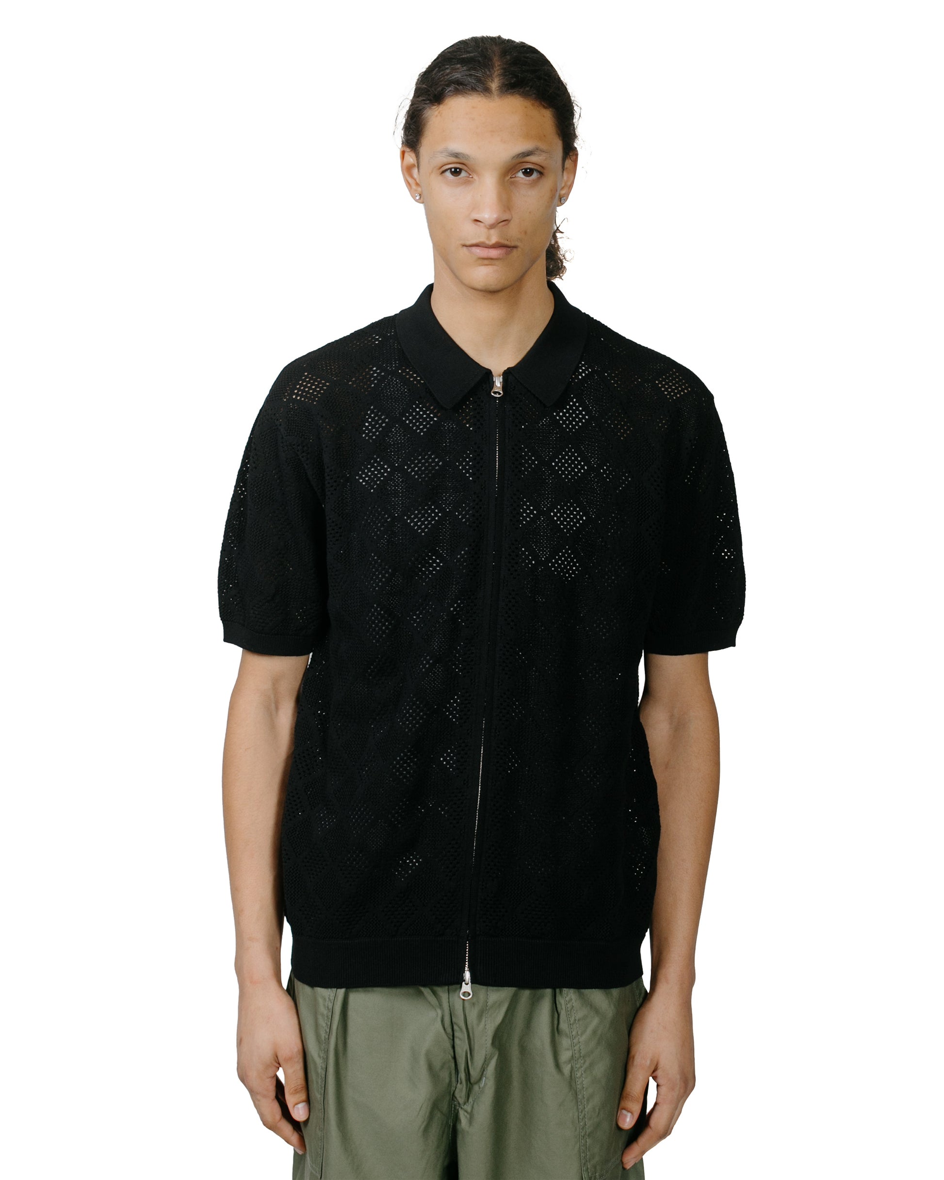 Beams Plus Zip Knit Polo Mesh Black model front