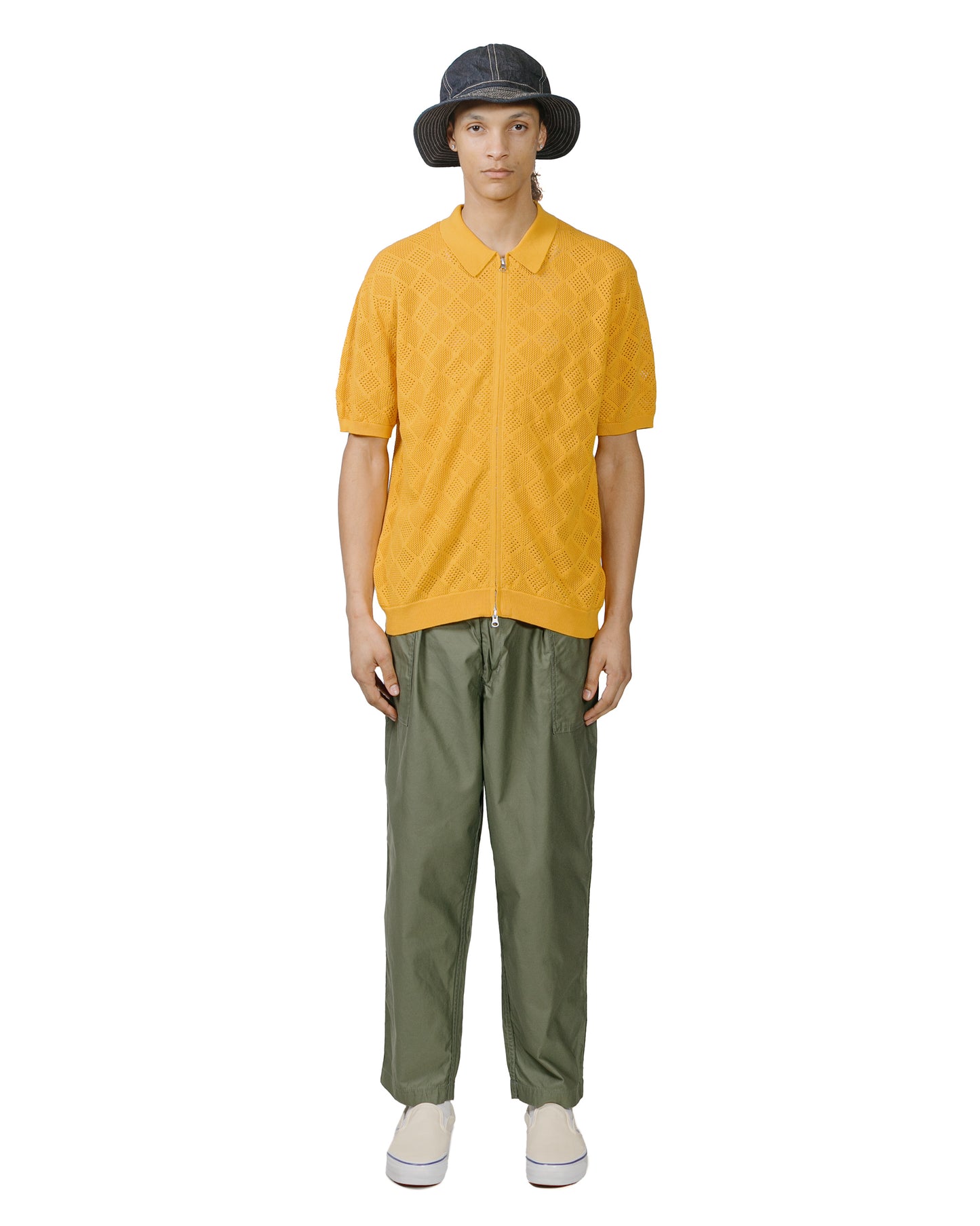 Beams Plus Zip Knit Polo Mesh Mustard model full