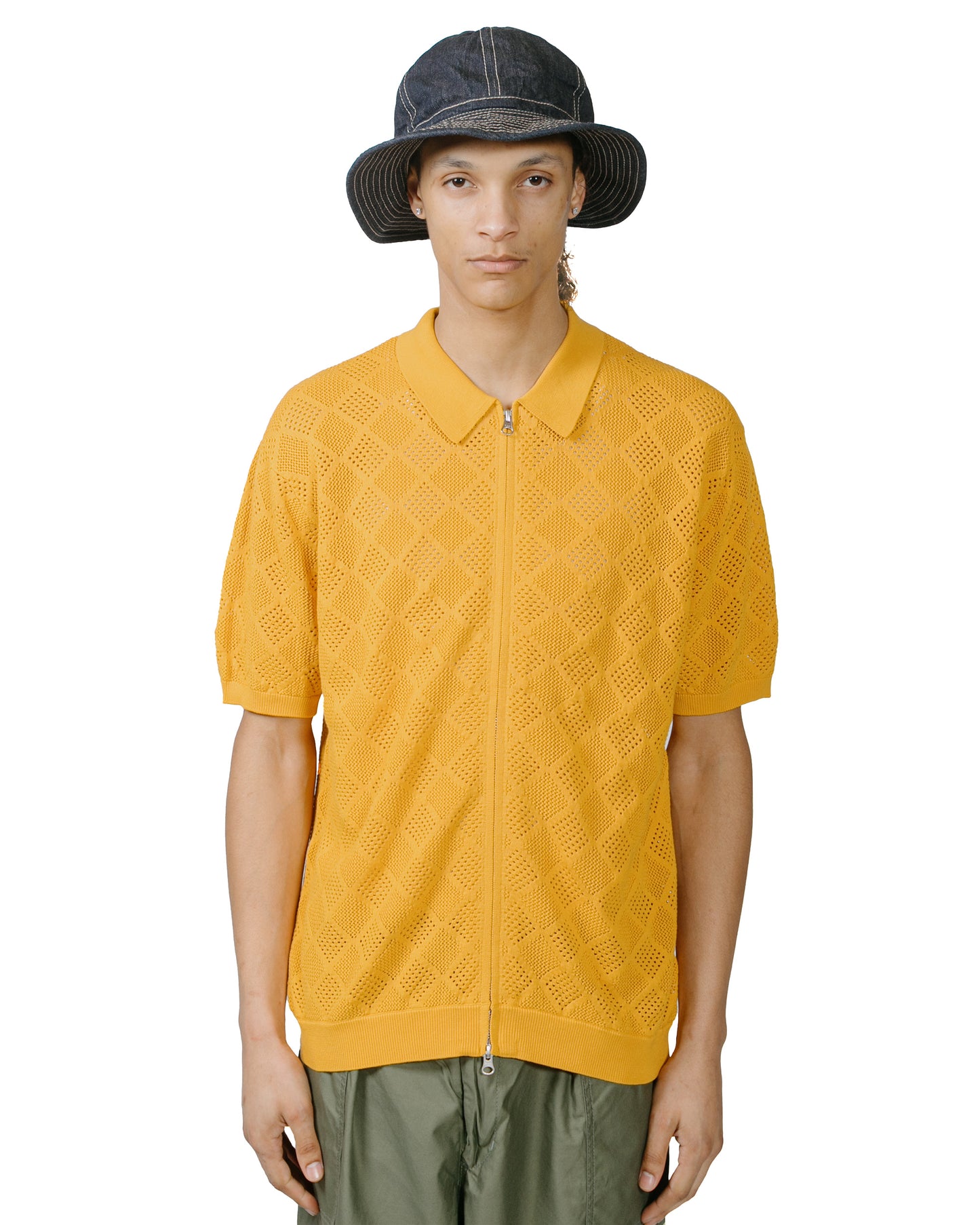 Beams Plus Zip Knit Polo Mesh Mustard model front