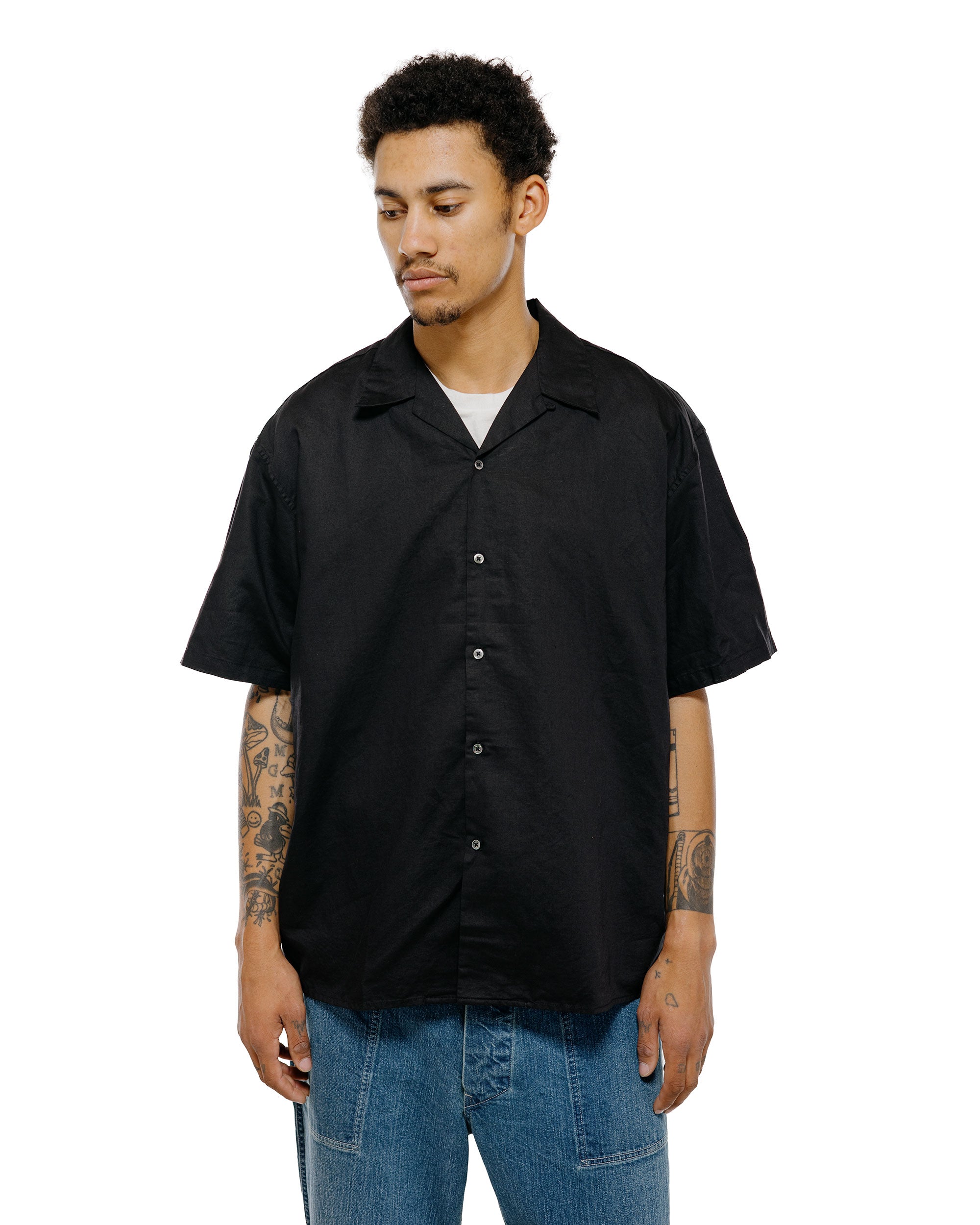CIOTA Open Collar Short Sleeve Shirt Cotton/Linen Black