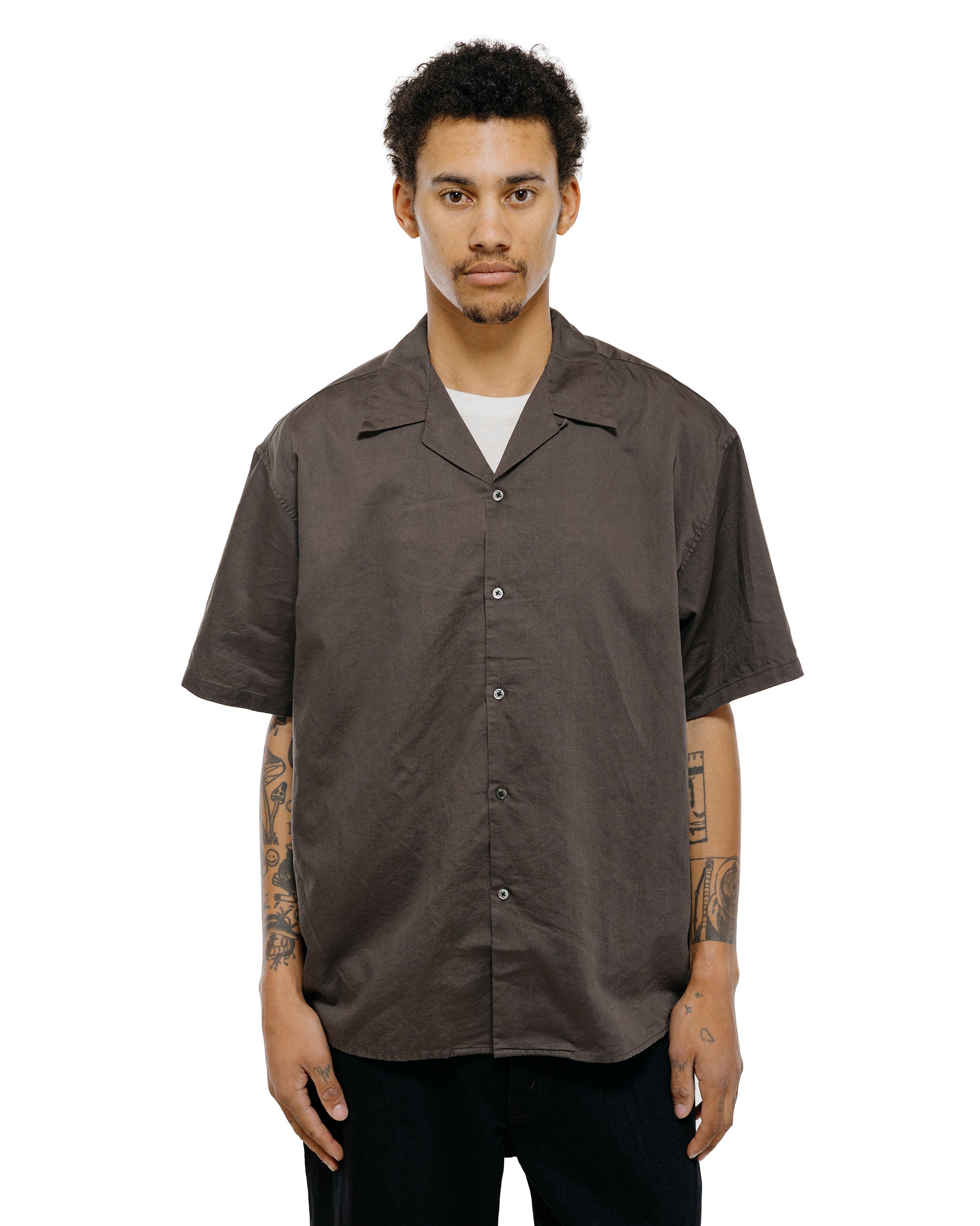 CIOTA Open Collar Short Sleeve Shirt Cotton/Linen Black