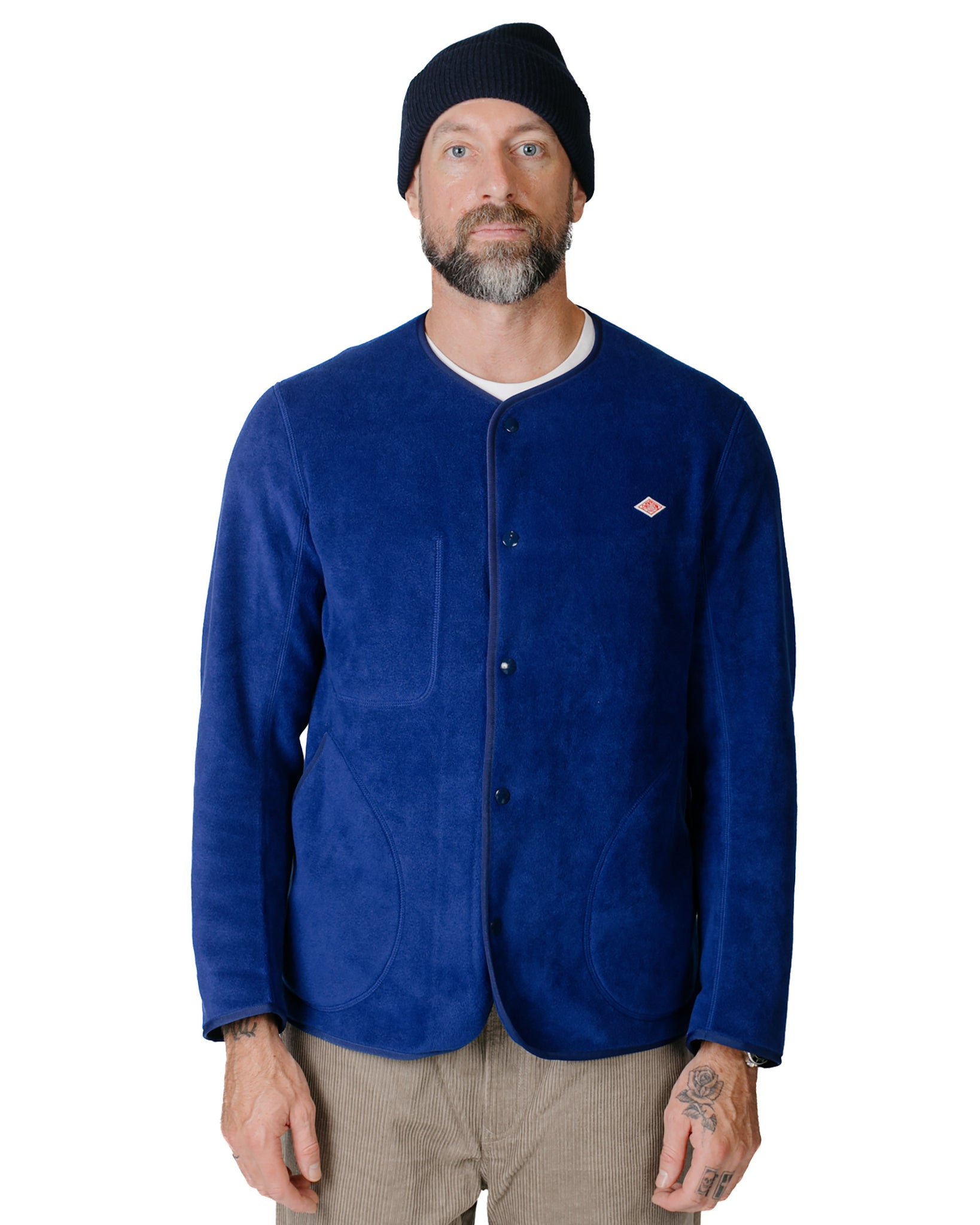 Danton Fleece Collarless Jacket Blue Model Front