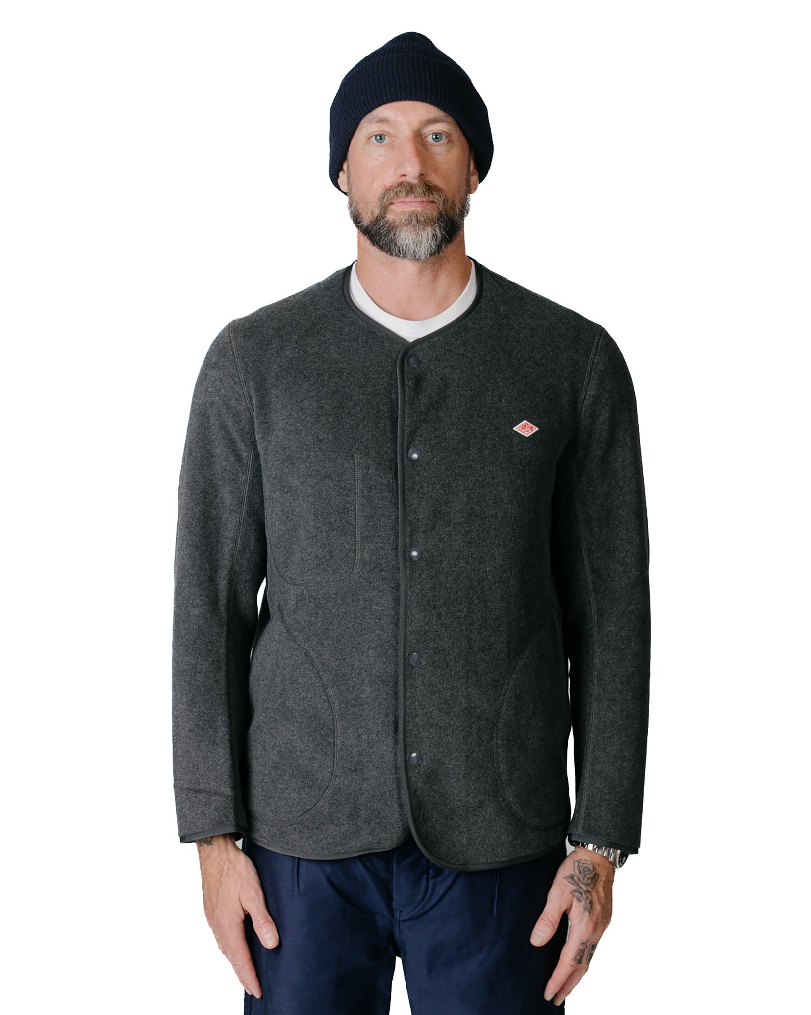 Danton Fleece Collarless Jacket Charcoal Grey Model Front