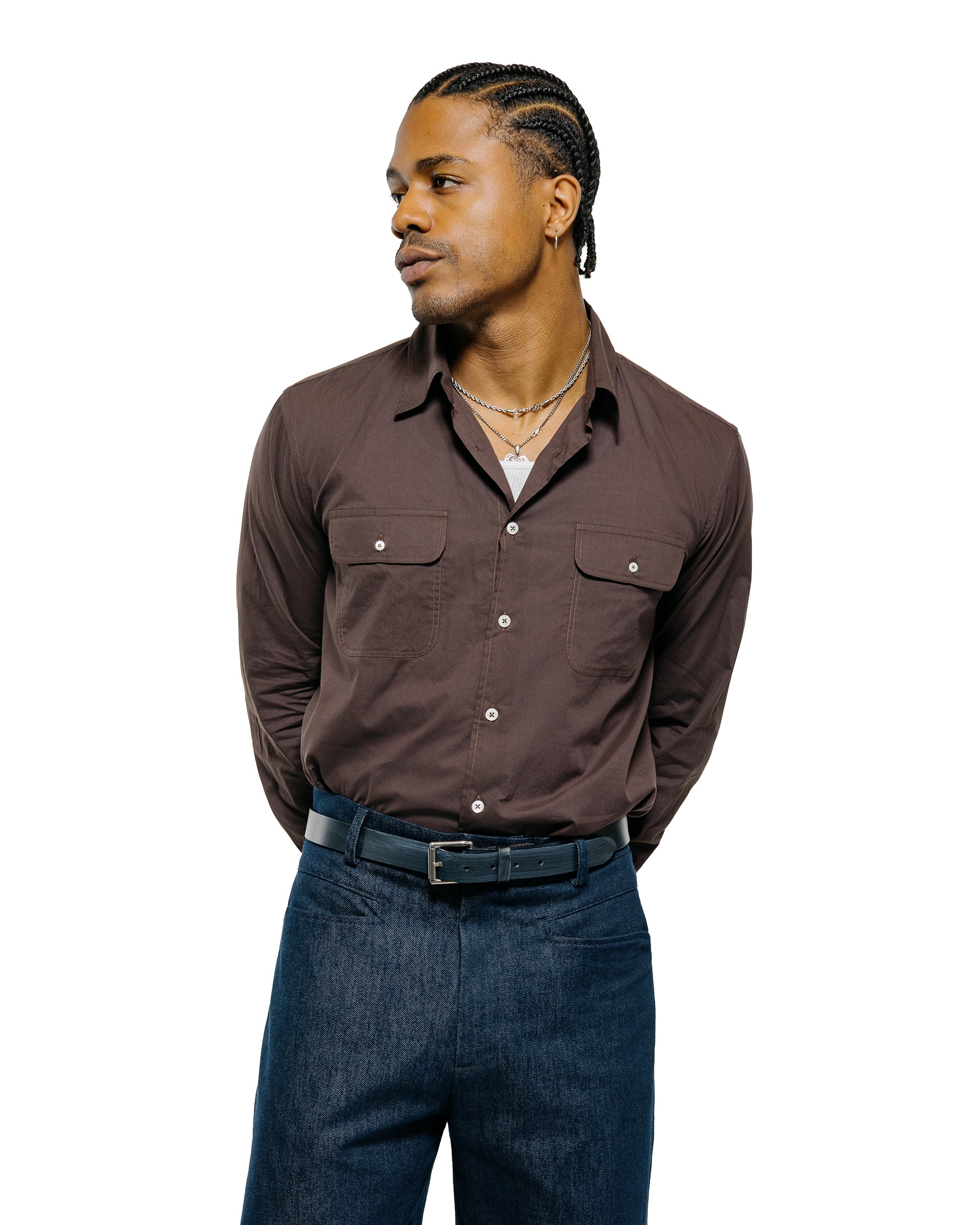 DE BONNE FACTURE ダークブラウン コーデュロイシャツ M De Bonne Facture Artist Shirt Washed Cotton Voile Dark Brown