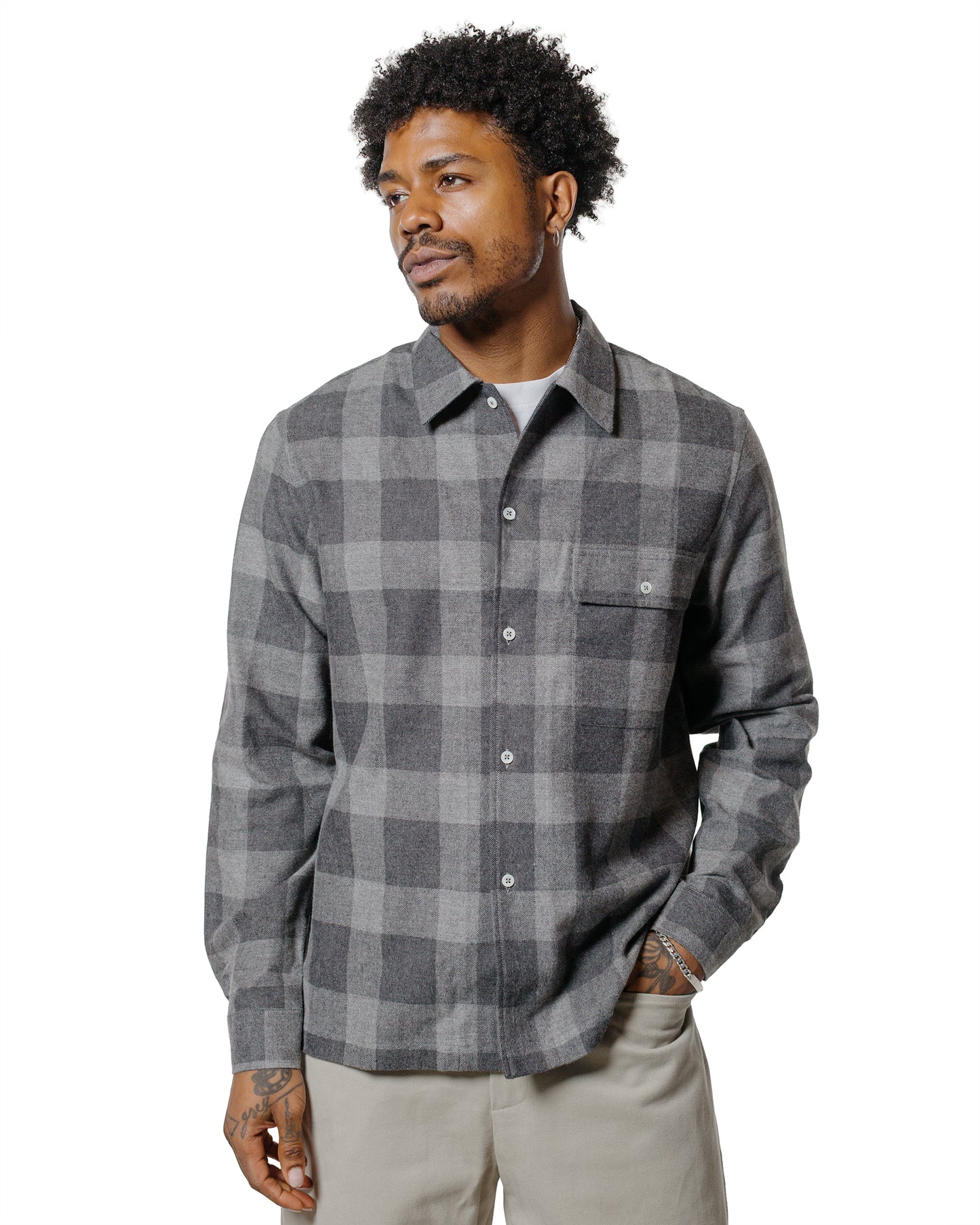 De Bonne Facture Camp Collar Japanese Cotton Grey Tartan