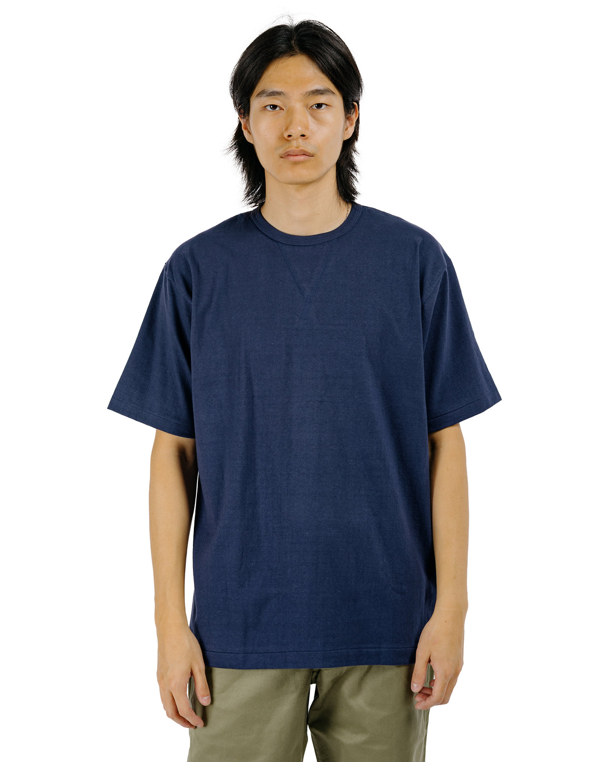 Denime Lot. 275 Front V Crew Neck T-Shirt Solid Color Ink Navy