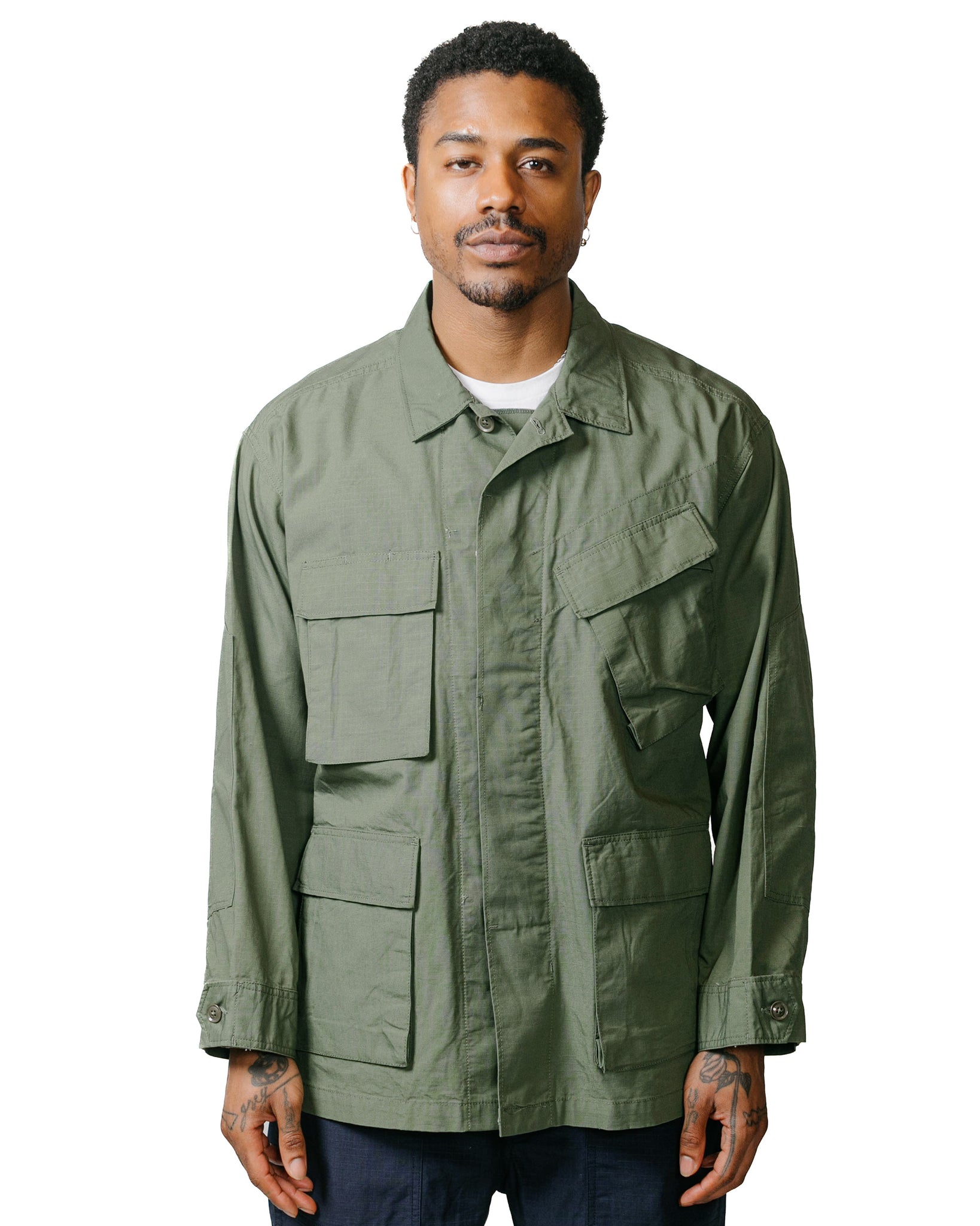Engineered Garments BDU Jacket Olive Cotton Ripstop model front