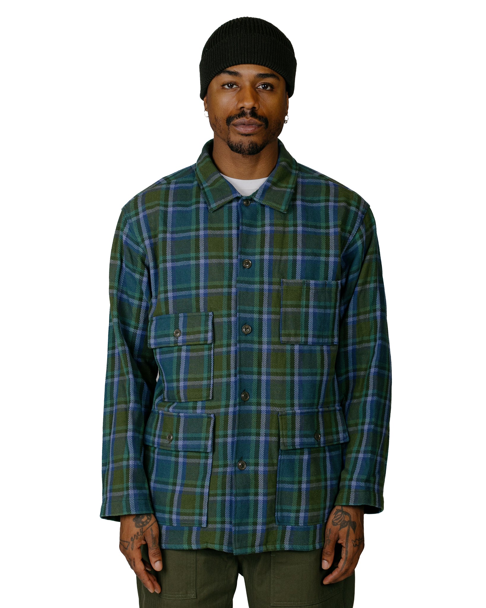 Engineered Garments BA Shirt Jacket Green Cotton Heavy Twill Plaid Model Front