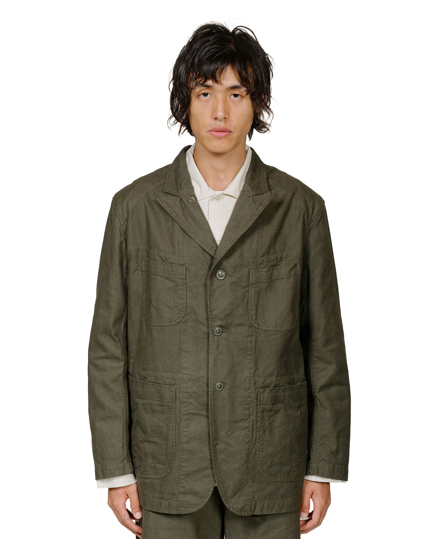 Engineered Garments Bedford Jacket Olive Cotton Brushed Herringbone model front