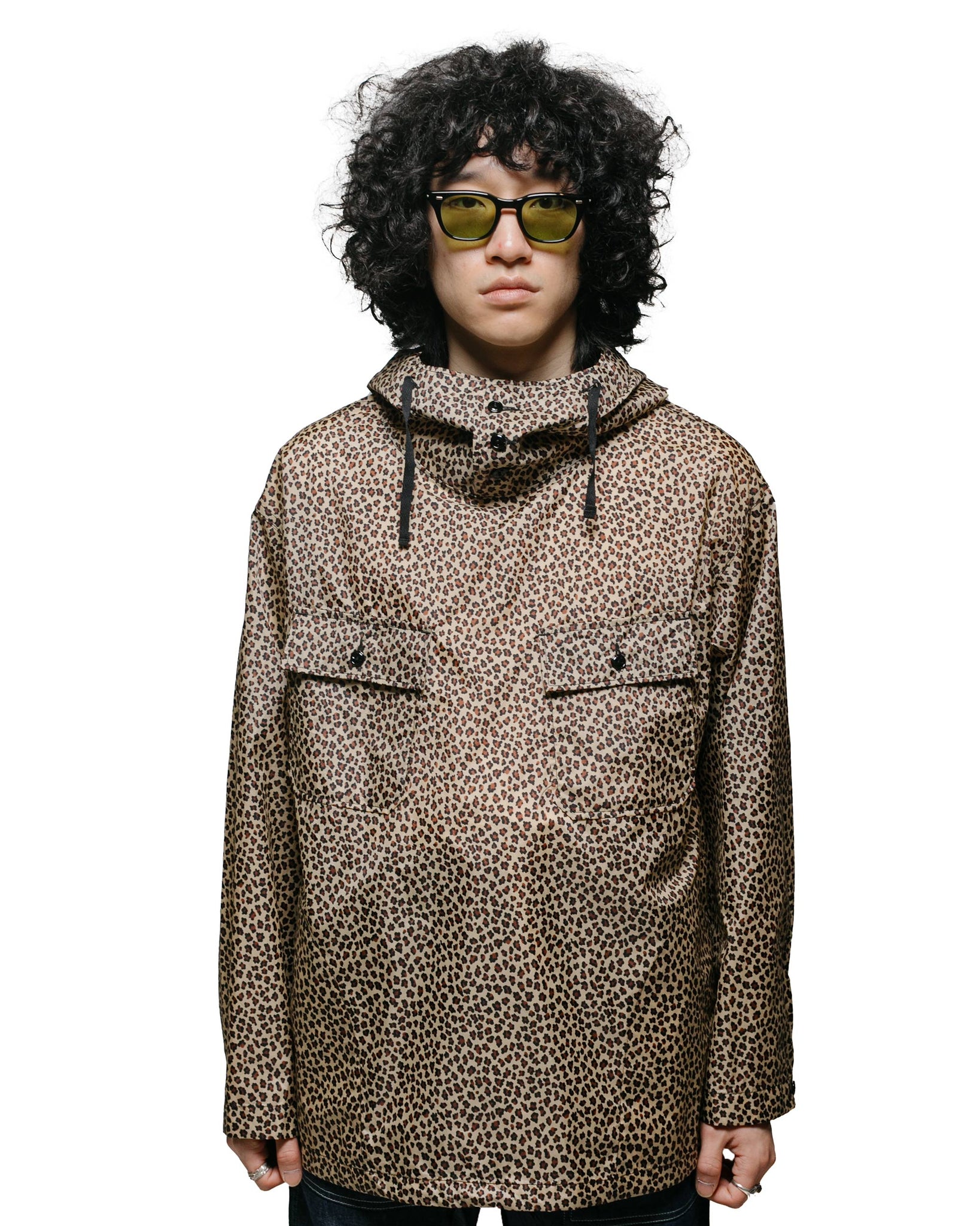 Engineered Garments Cagoule Shirt Khaki Nylon Leopard Print model front