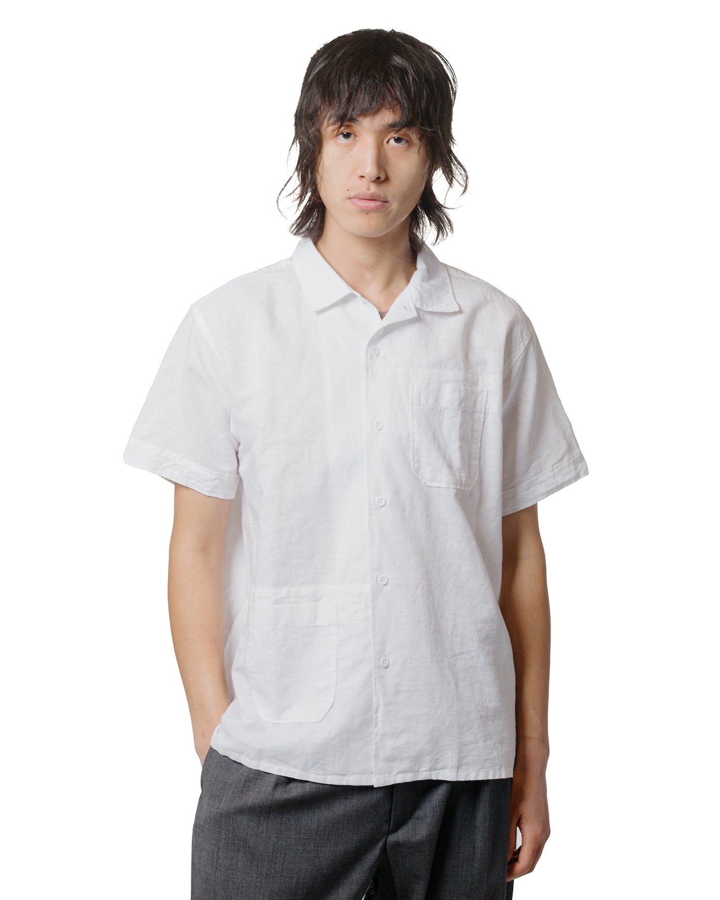 Engineered Garments Camp Shirt White Linen Handkerchief model front