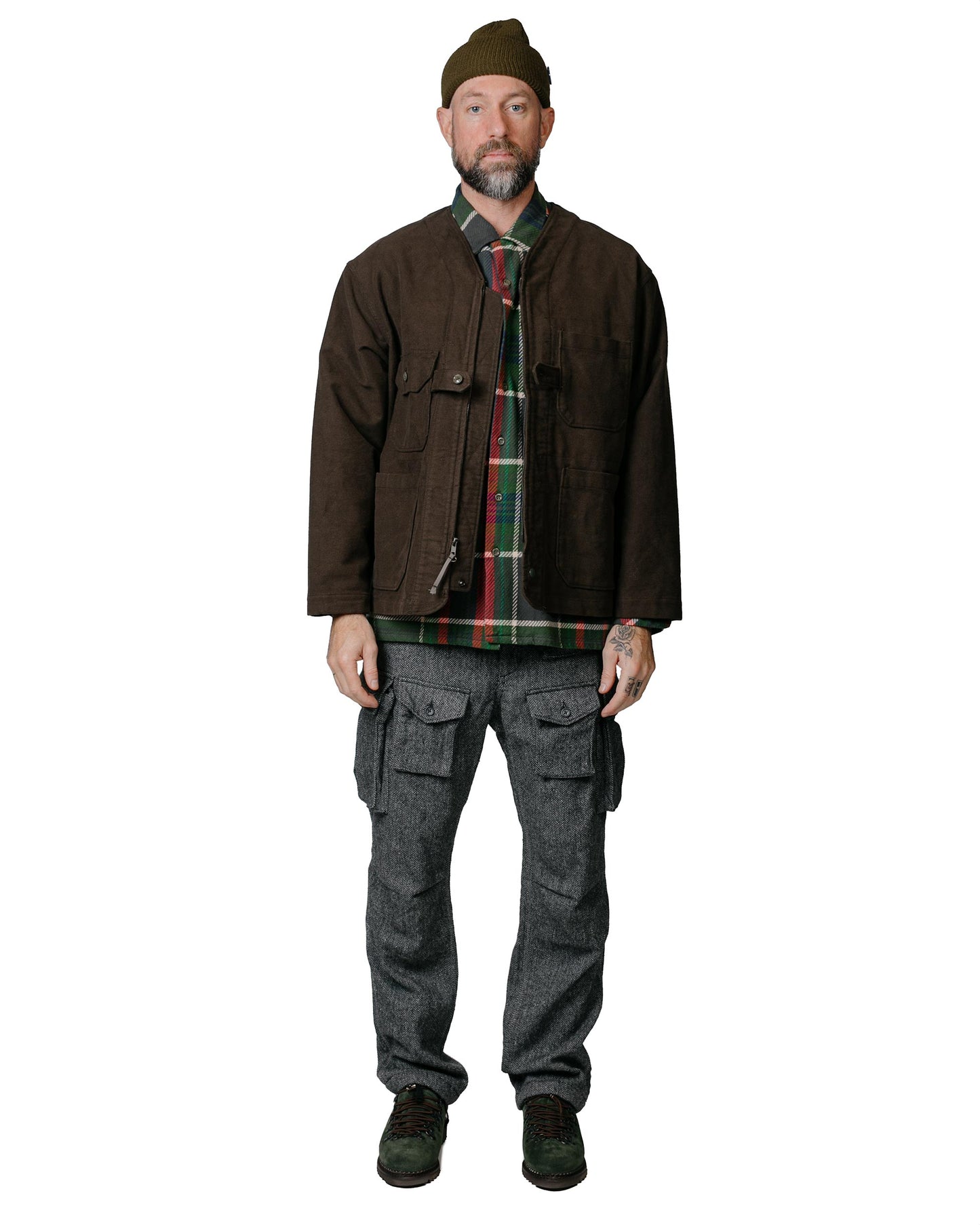 Engineered Garments Classic Shirt Olive Cotton Heavy Twill Plaid model full