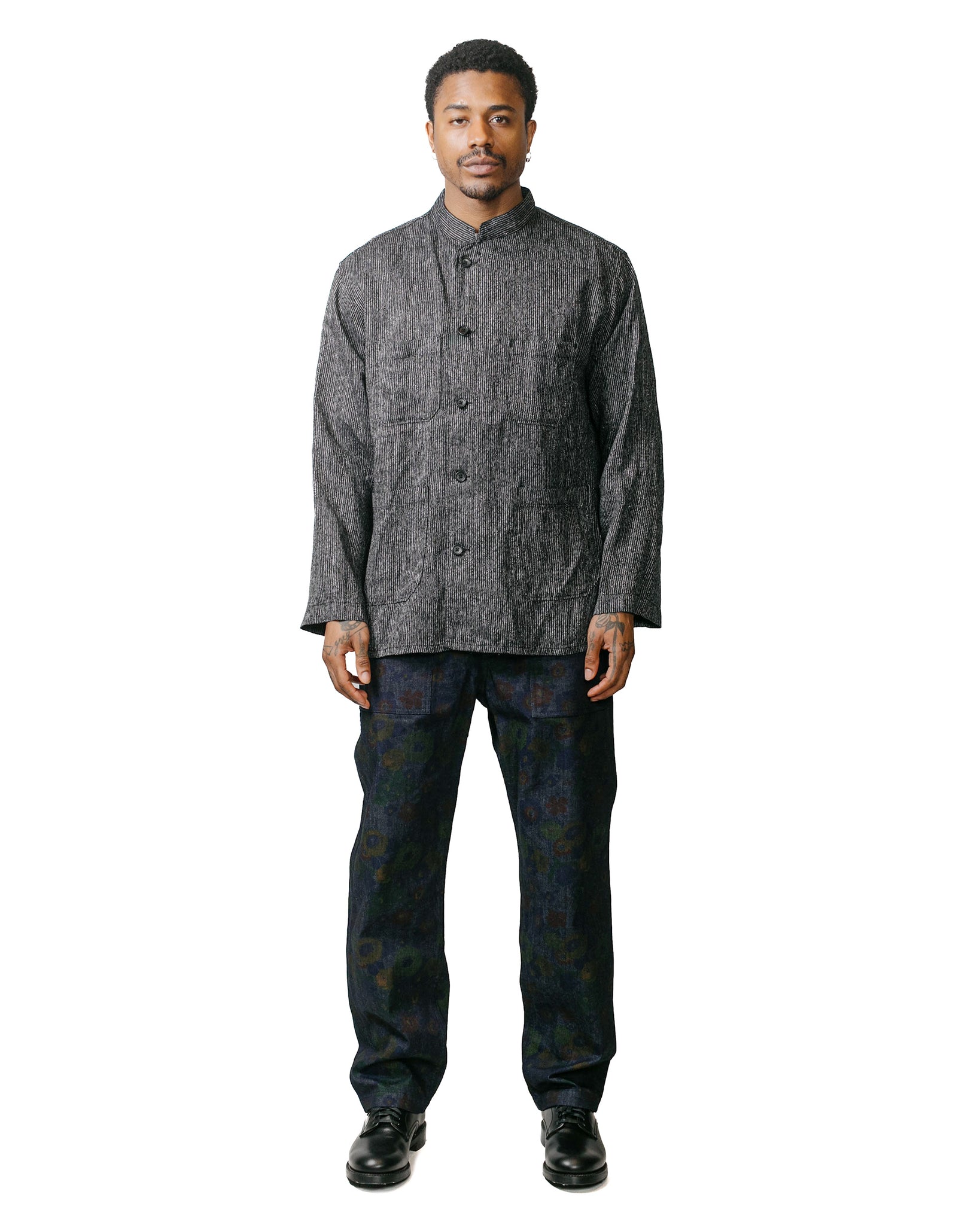 Engineered Garments Dayton Shirt BlackGrey Linen Stripe model full