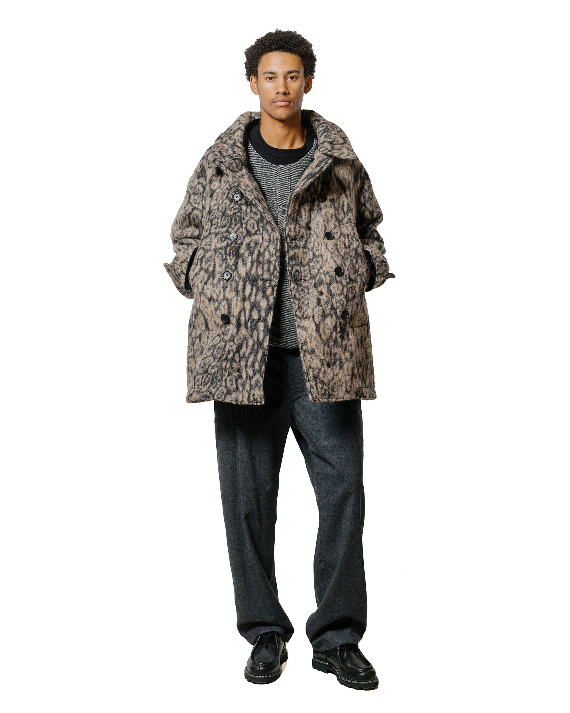 Engineered Garments Fireman Jacket Brown Wool Poly Leopard Jacquard