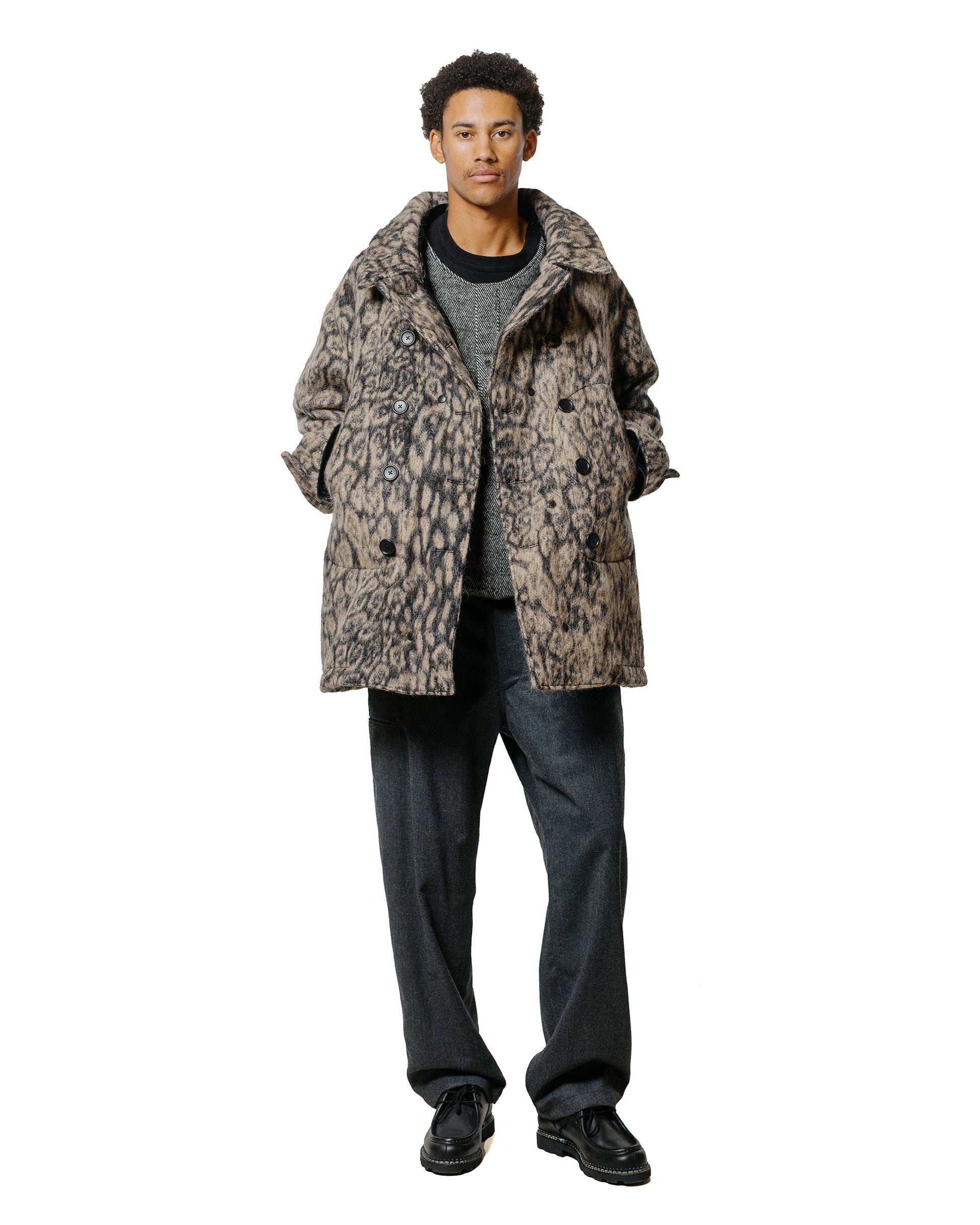 Engineered Garments Fireman Jacket Brown Wool Poly Leopard Jacquard