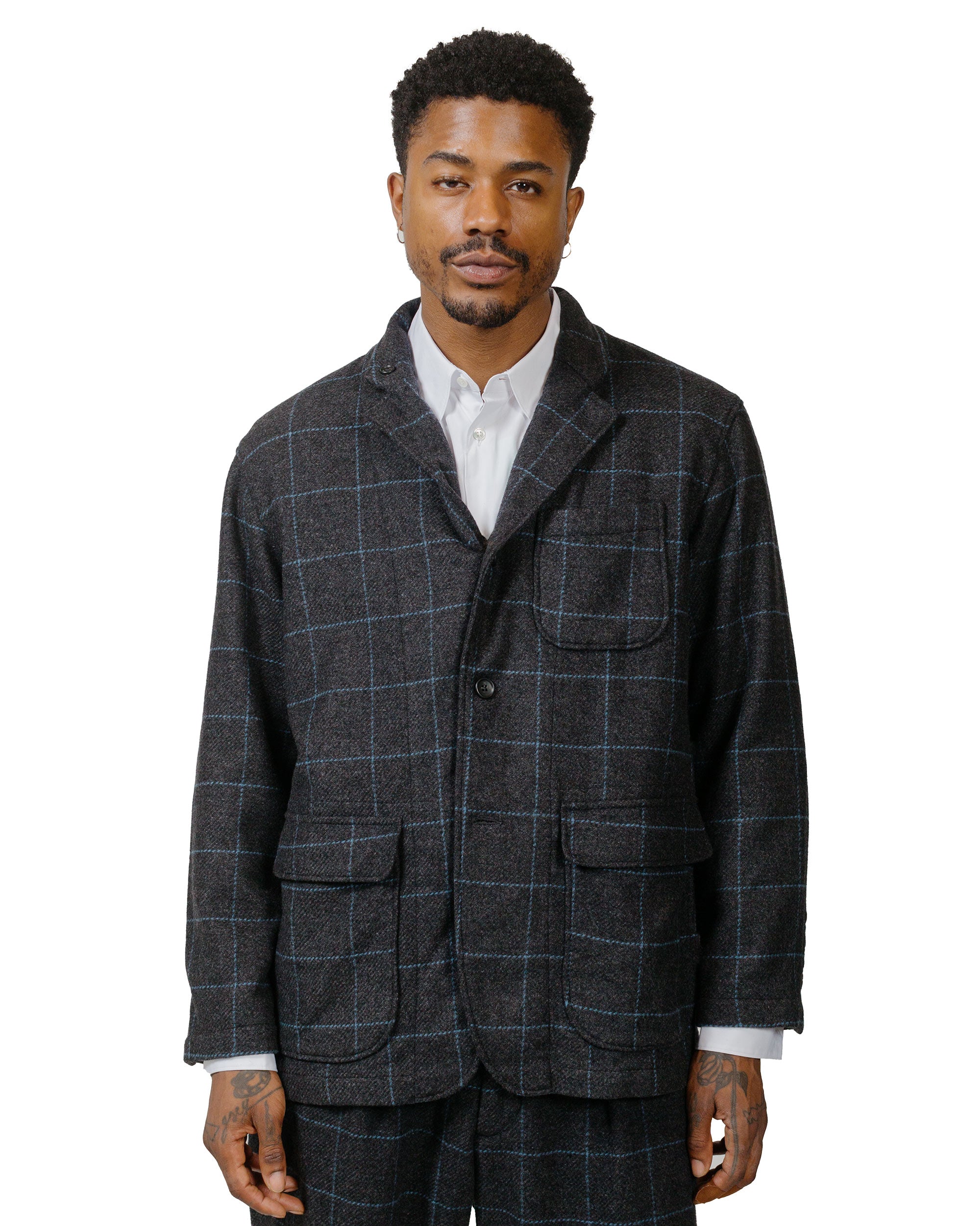 Engineered Garments Loiter Jacket Charcoal/Light Blue Wool Poly Windowpane