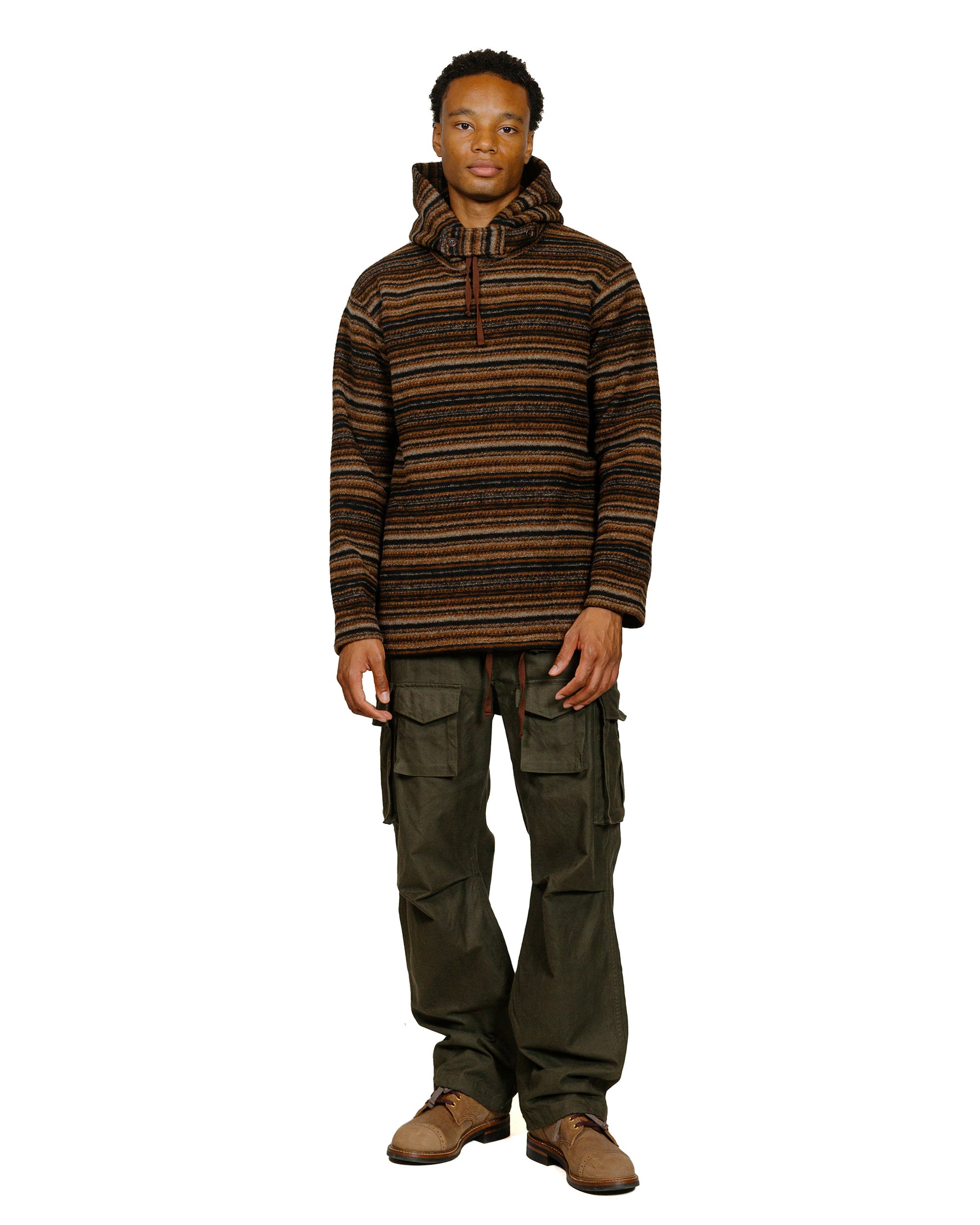 Engineered Garments Long Sleeve Hoody Brown Fair Isle Stripe Knit Sweater model full