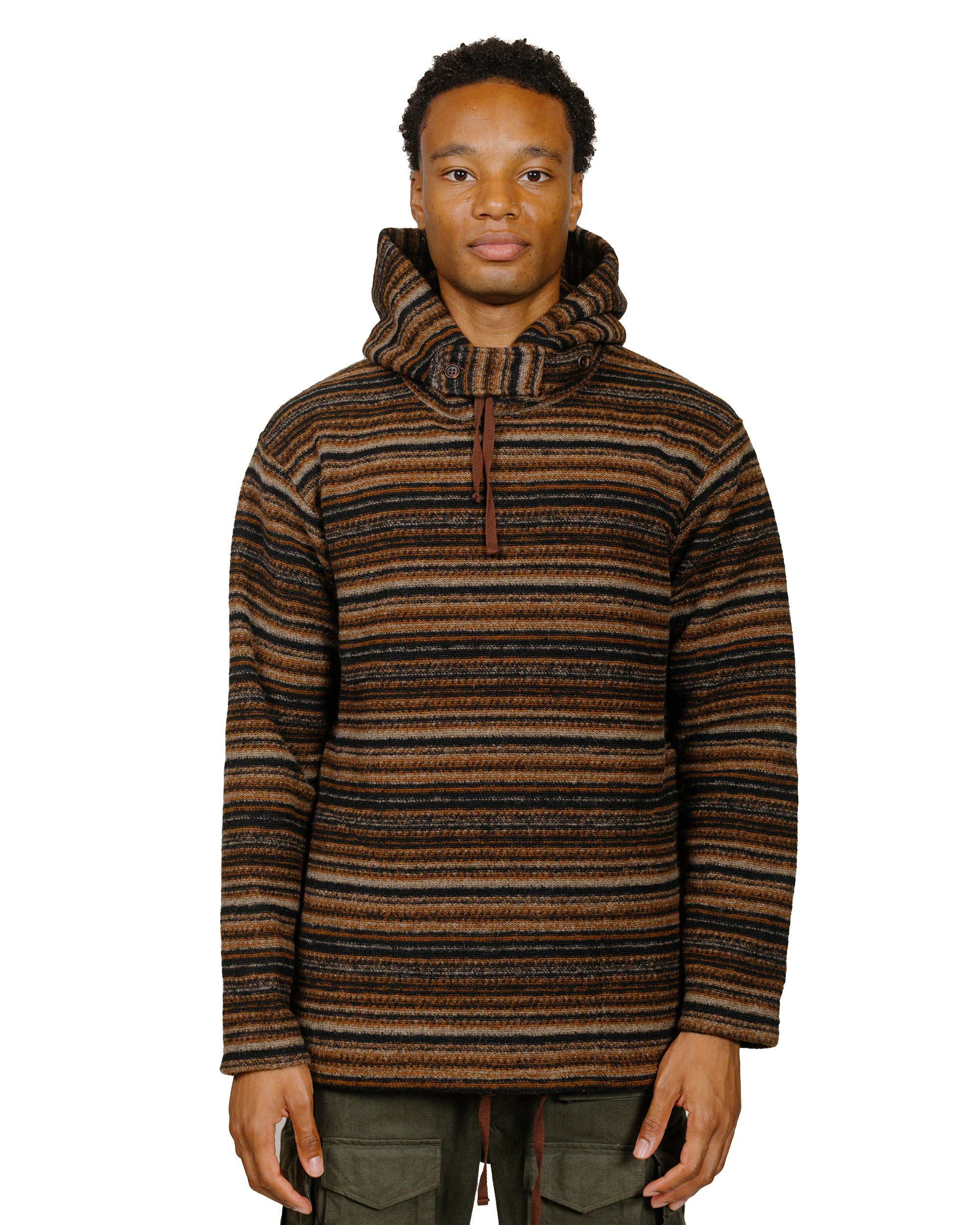 Engineered Garments Long Sleeve Hoody Brown Fair Isle Stripe Knit Swea