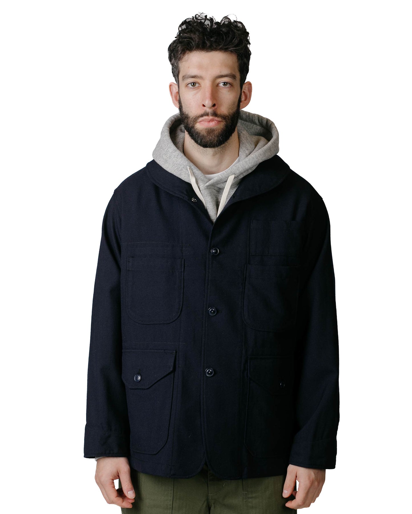 Engineered Garments Maine Guide Jacket Dark Navy Wool Uniform Serge Model Front