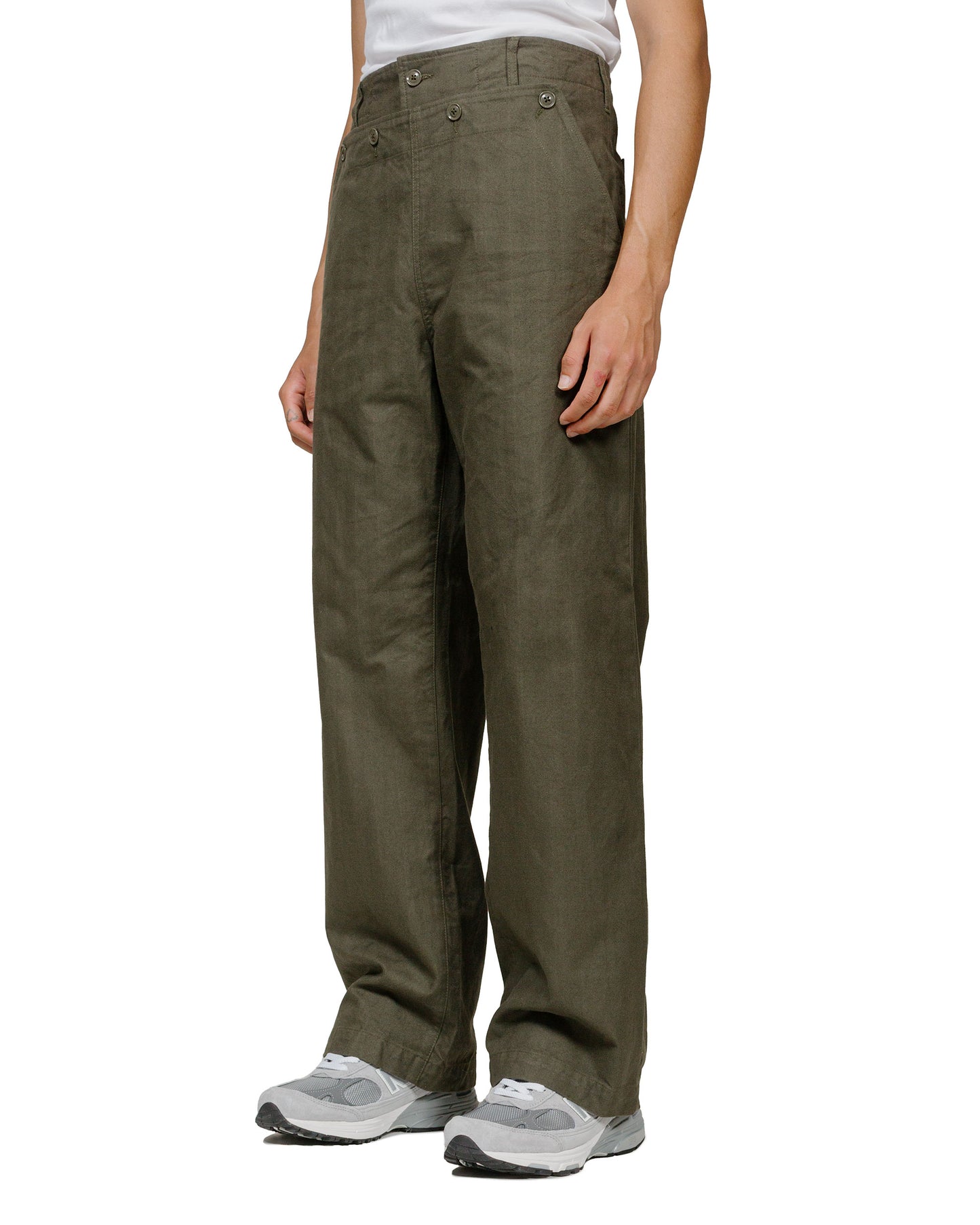 Engineered Garments Sailor Pant Olive Cotton Brushed Herringbone model front