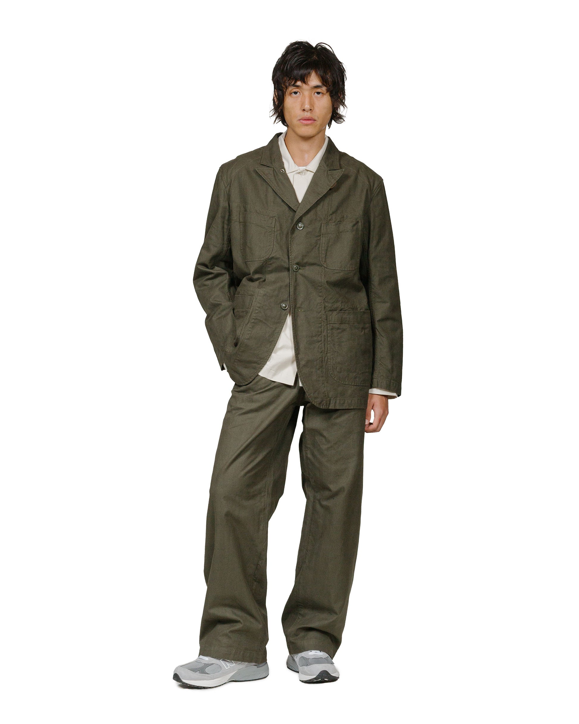 Engineered Garments Sailor Pant Olive Cotton Brushed Herringbone model full