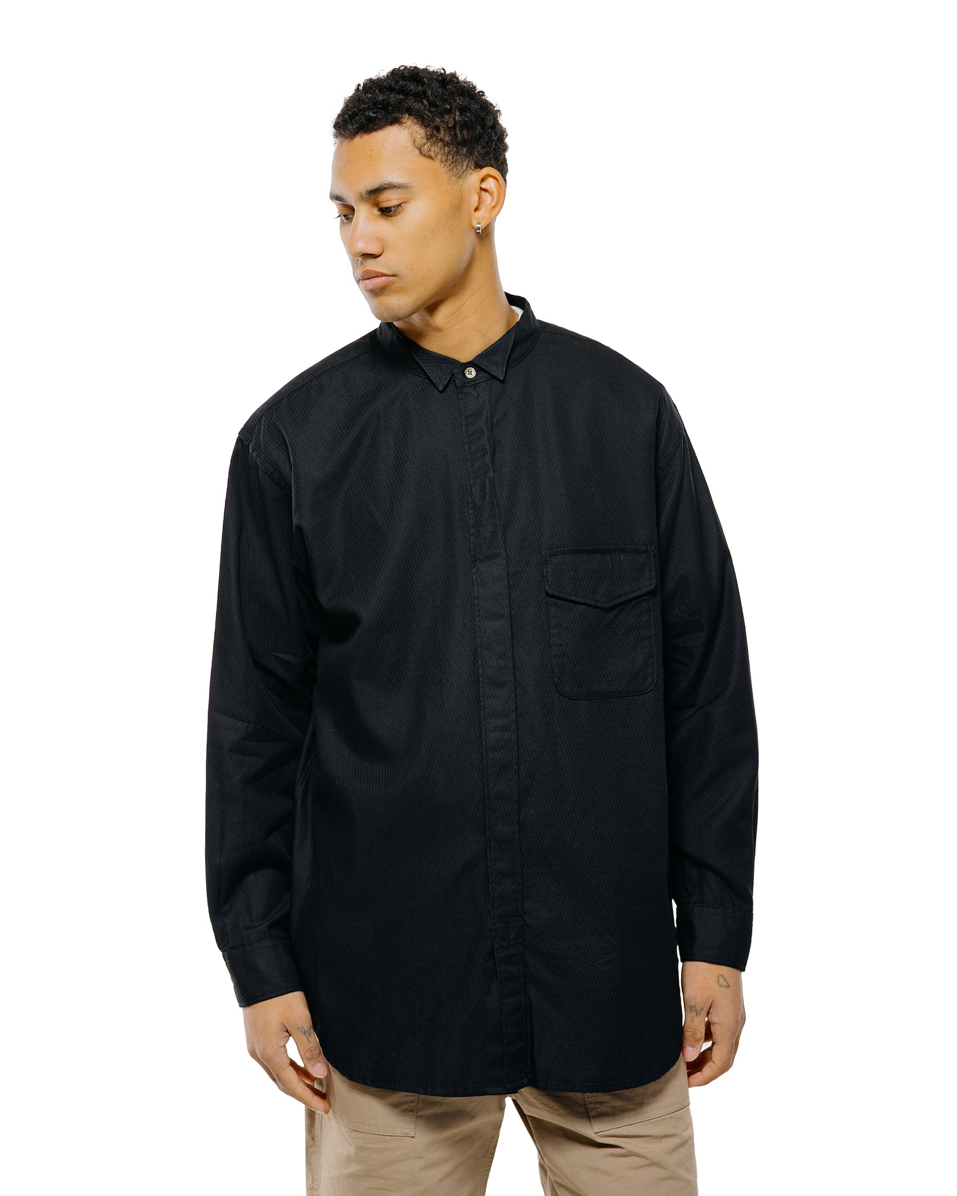 Engineered Garments Wing Collar Shirt Black Cotton Diagonal Dobby Stripe