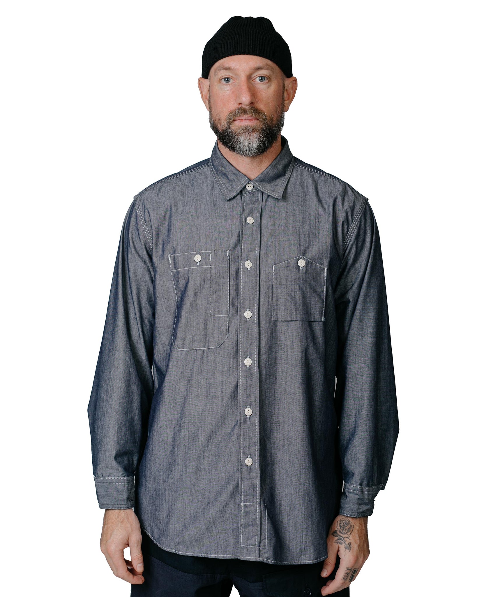 Engineered Garments Work Shirt Blue Cotton Chambray model front