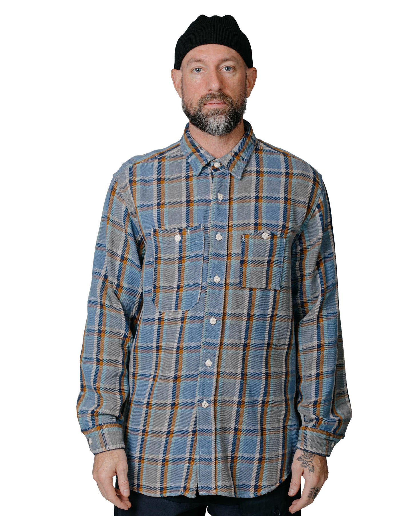 Engineered Garments Work Shirt Blue Cotton Heavy Twill Plaid model front