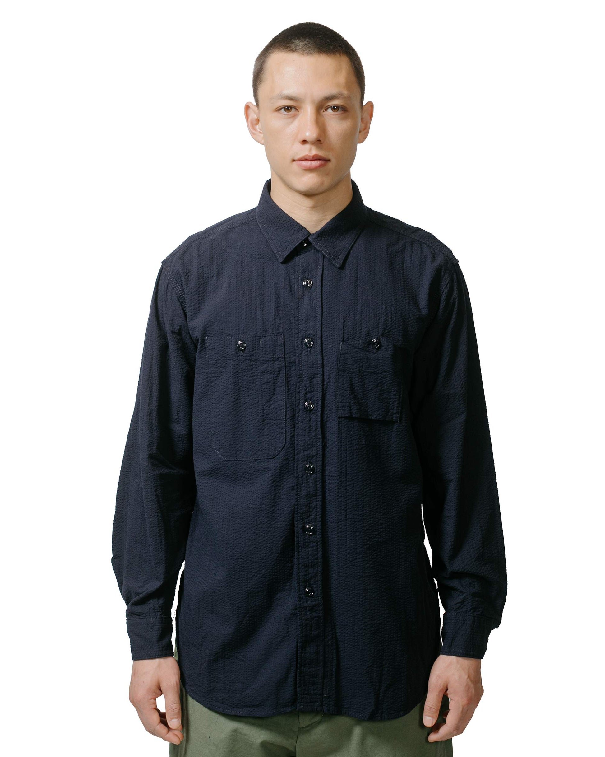 Engineered Garments Work Shirt Dark Navy Tone & Tone Seersucker model front