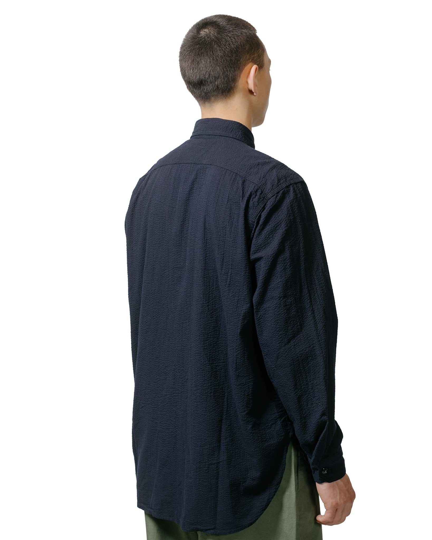 Engineered Garments Work Shirt Dark Navy Tone & Tone Seersucker model back