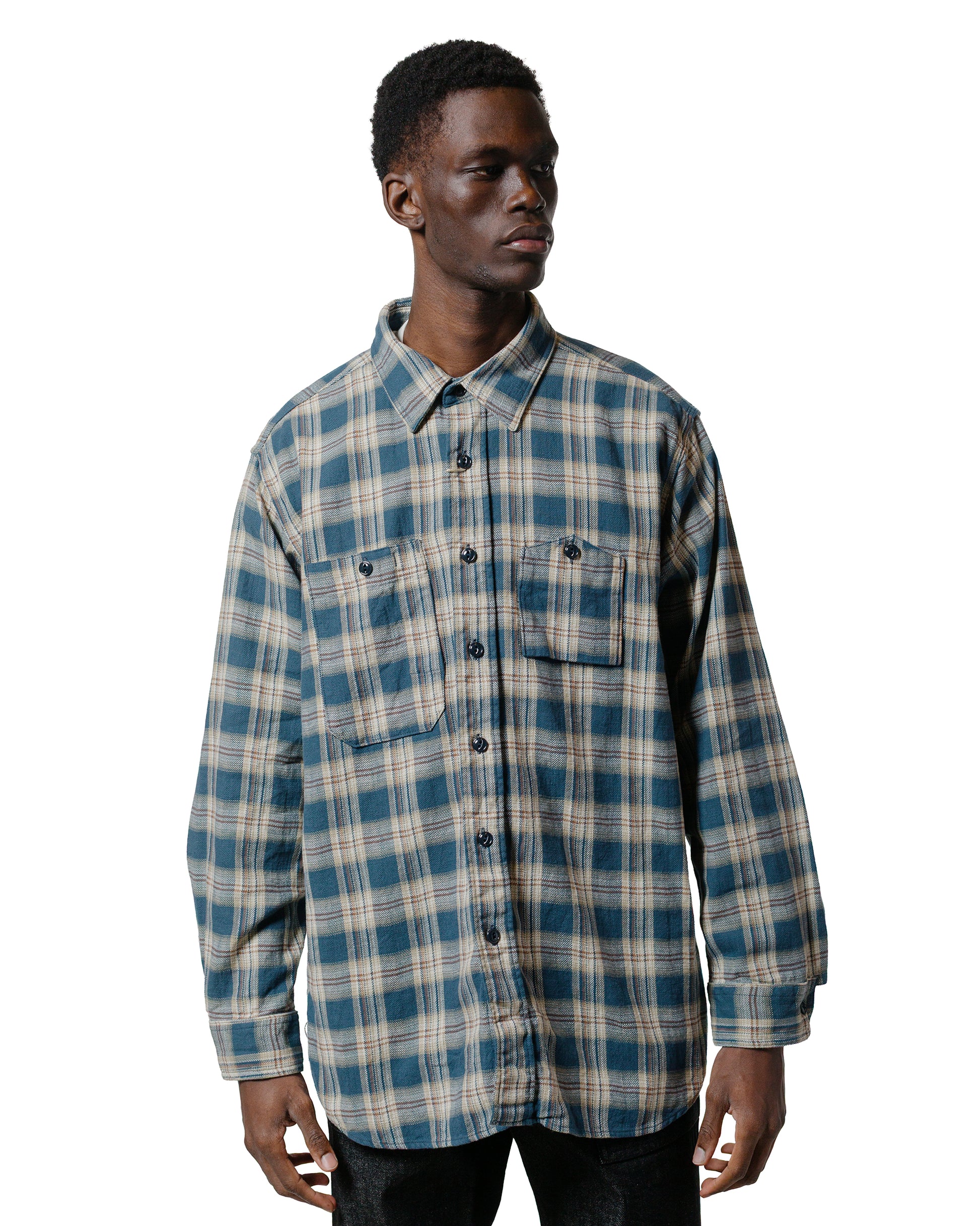 Engineered Garments Work Shirt Navy Cotton Plaid Jacquard