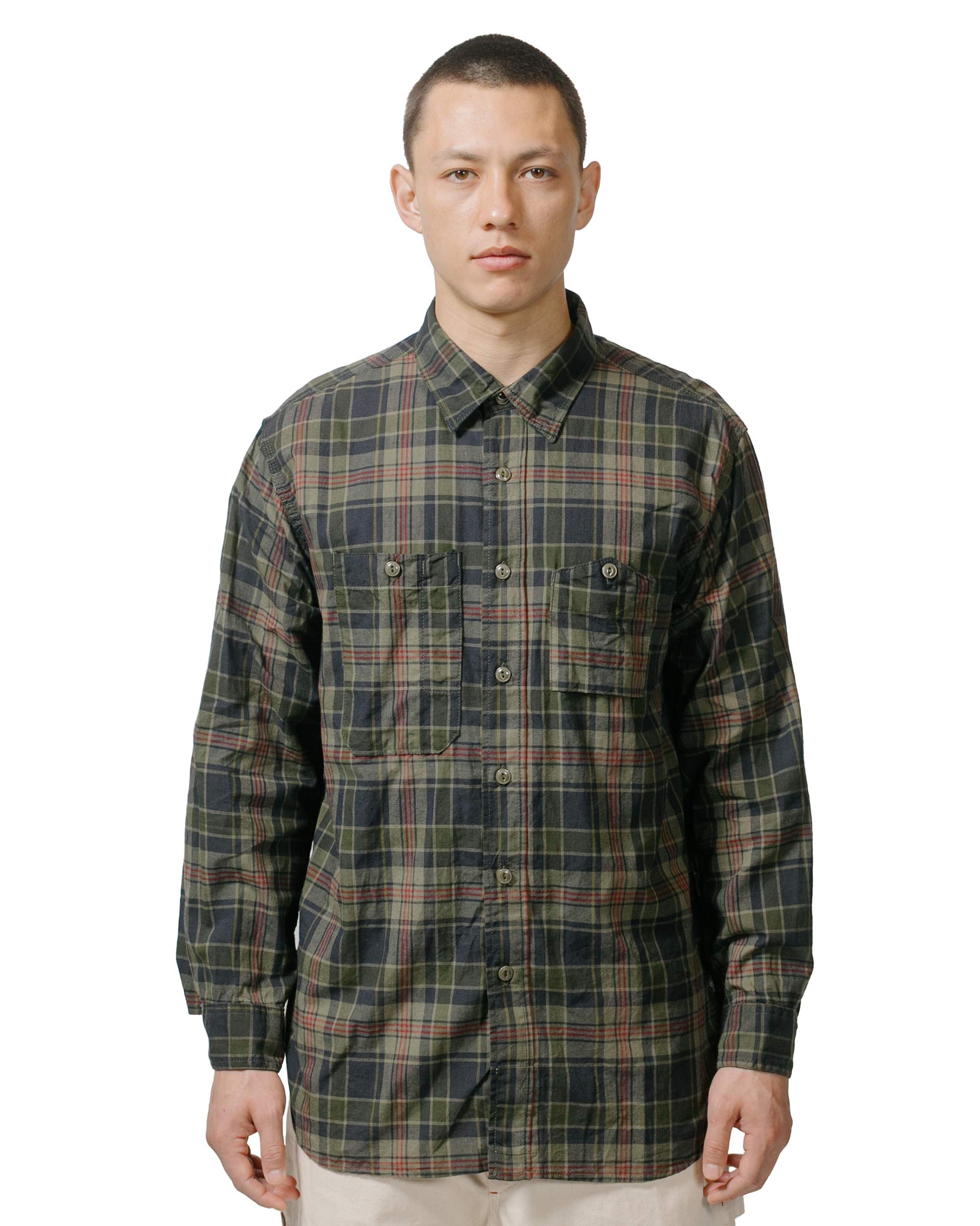 Engineered Garments Work Shirt Olive Cotton Dark Madras model front