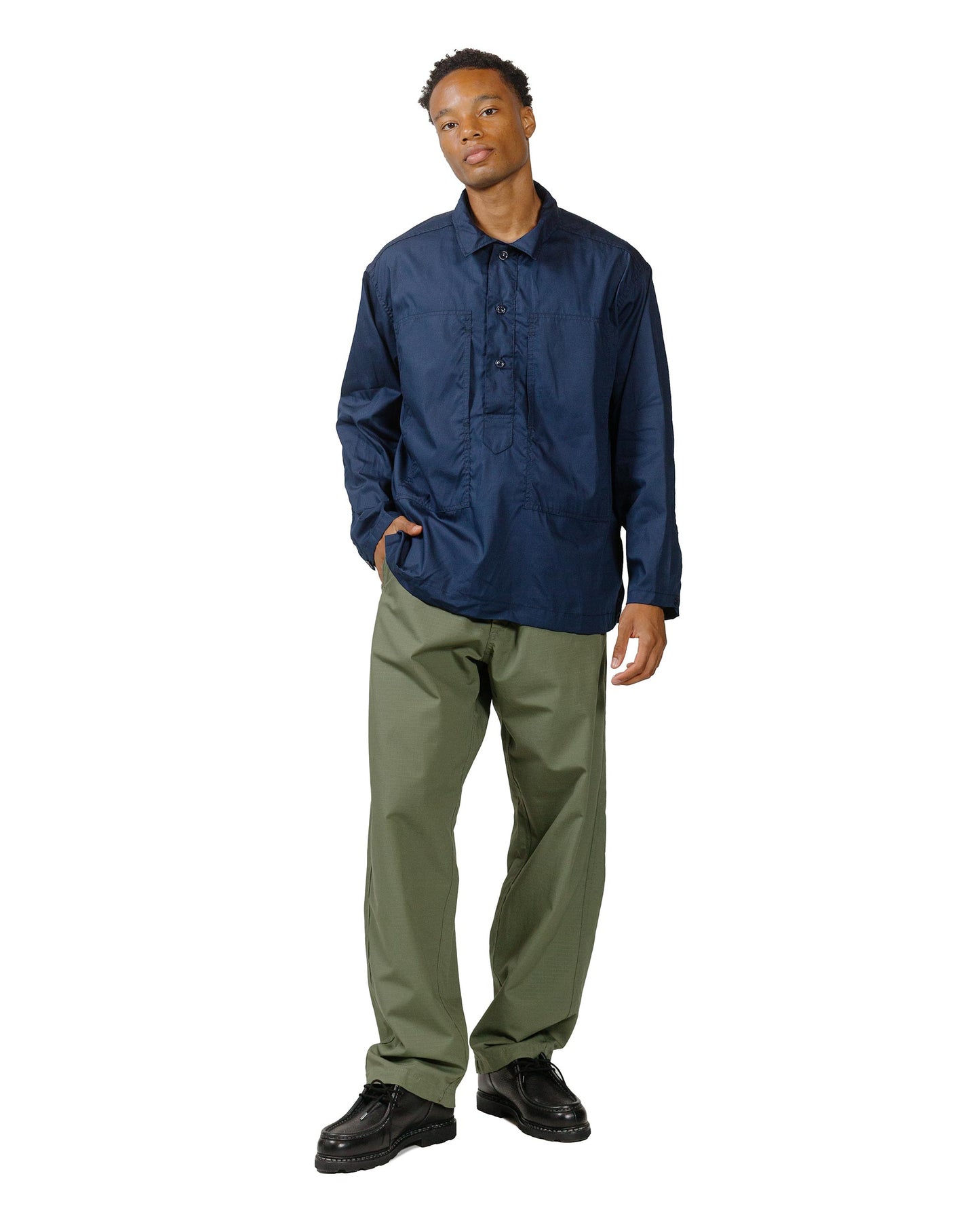 Engineered Garments Workaday Army Pop Over Shirt Navy Superfine Poplin model full