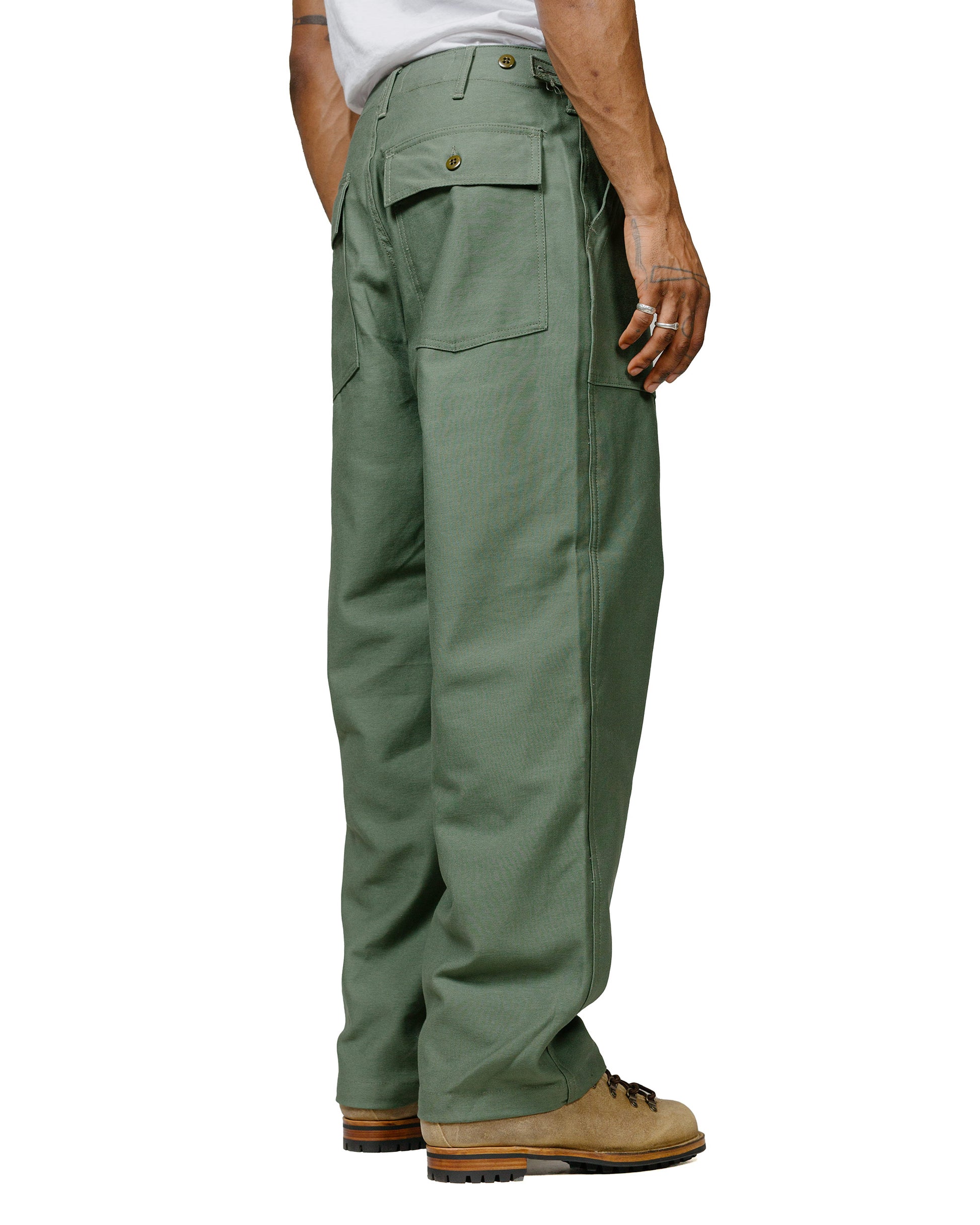 Engineered Garments Workaday Fatigue Pant Olive Cotton Reverse Sateen model back