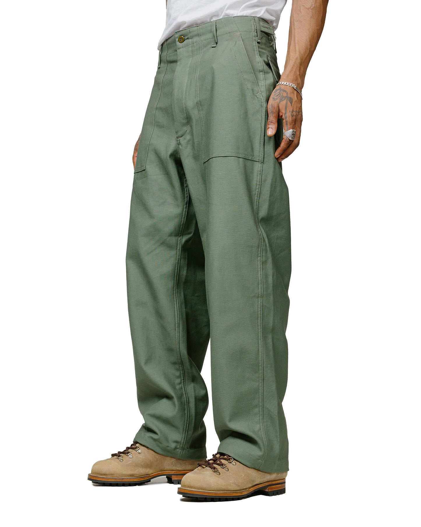 Engineered Garments Workaday Fatigue Pant Olive Cotton Reverse Sateen model front