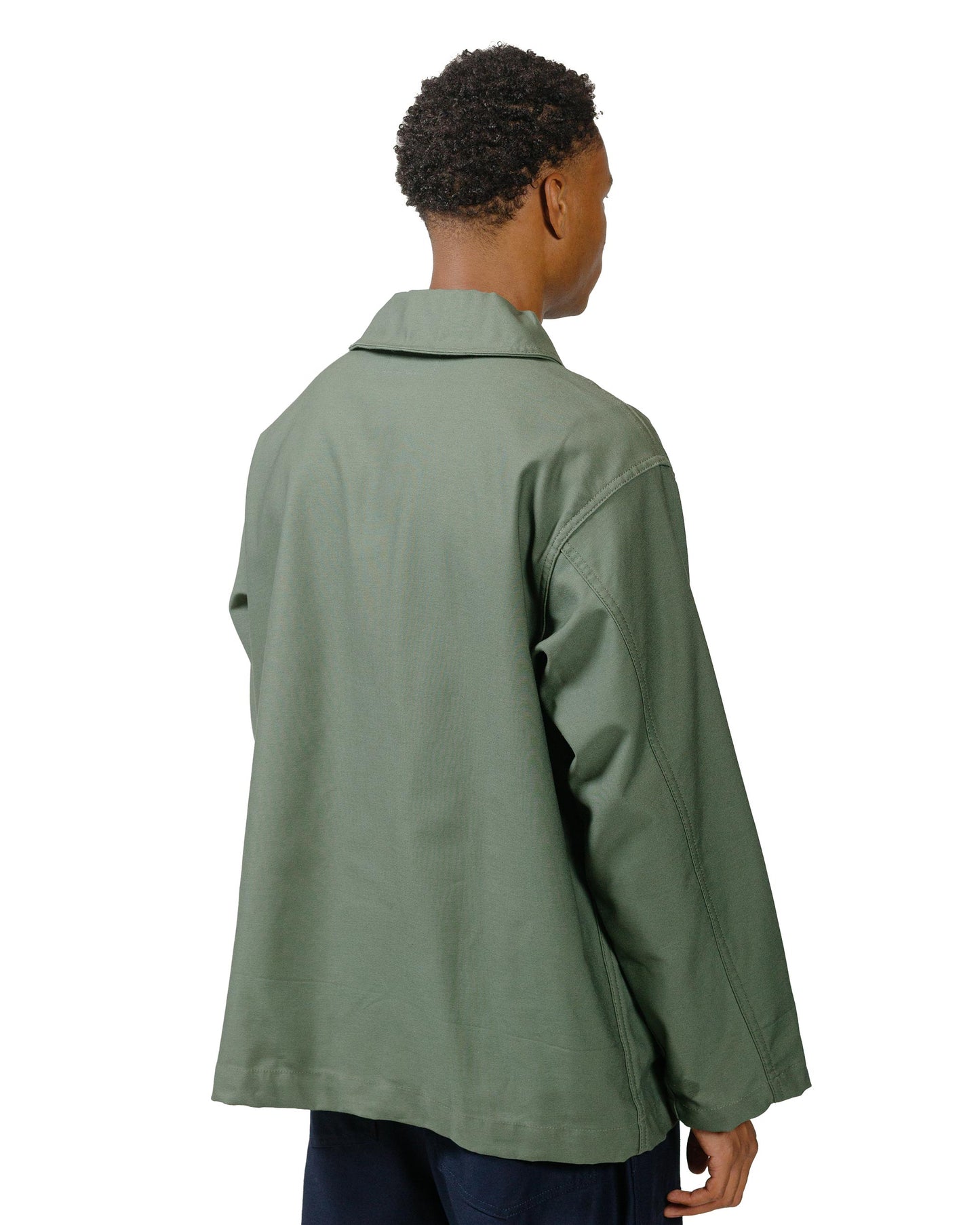 Engineered Garments Workaday Shawl Collar Jacket Olive Cotton Reverse Sateen model back