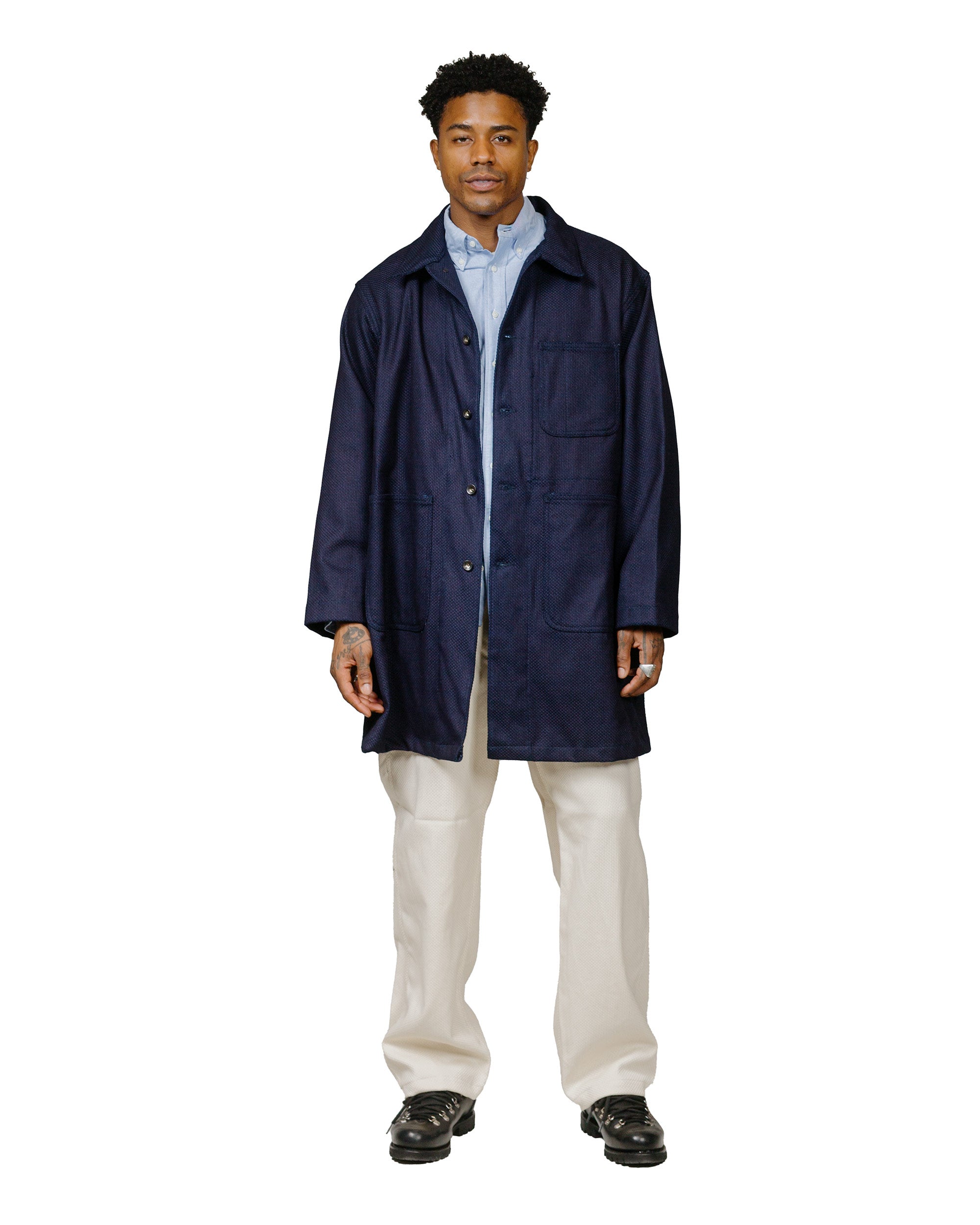 Engineered Garments Workaday Shop Coat Dark Navy Cotton Heavy Basketwe