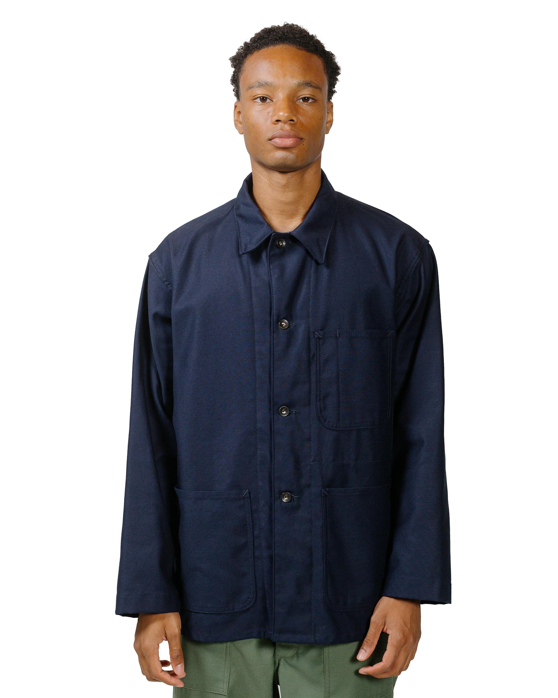 Engineered Garments Workaday Utility Jacket Dark Navy Cotton Reverse Sateen model front