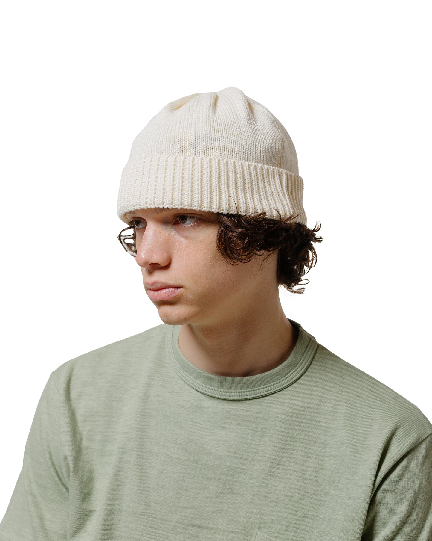 Found Feather Knit Roll Watch Cap Cotton Knit Ecru