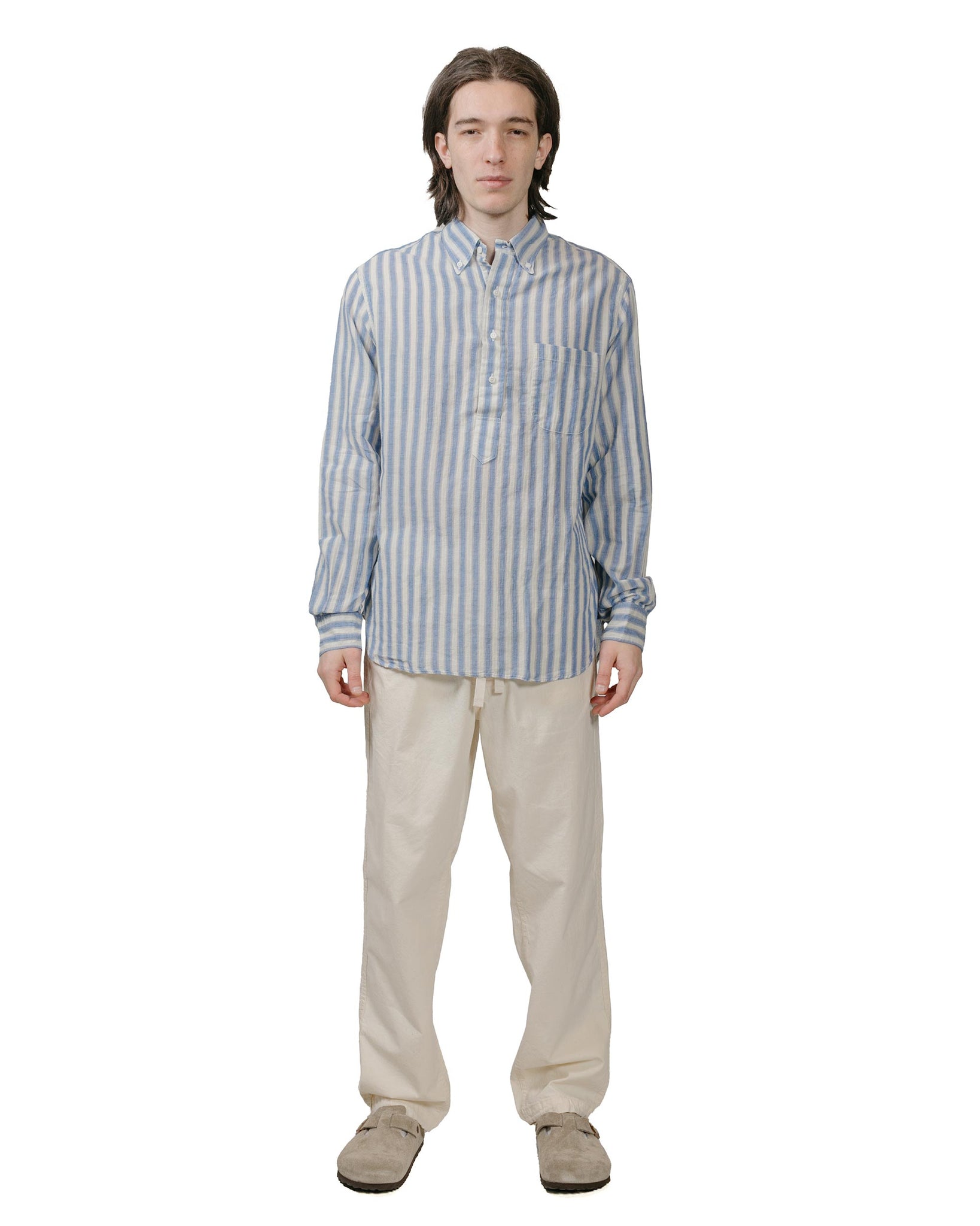 Gitman Vintage Bros. Blue Cotton/Ramie Cabana Stripe Popover Shirt model full