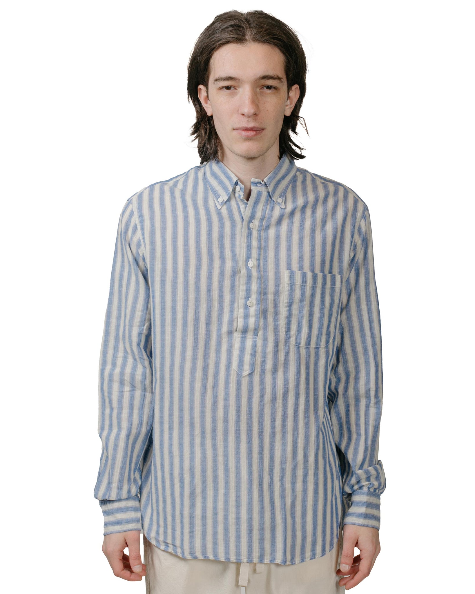 Gitman Vintage Bros. Blue Cotton/Ramie Cabana Stripe Popover Shirt model front